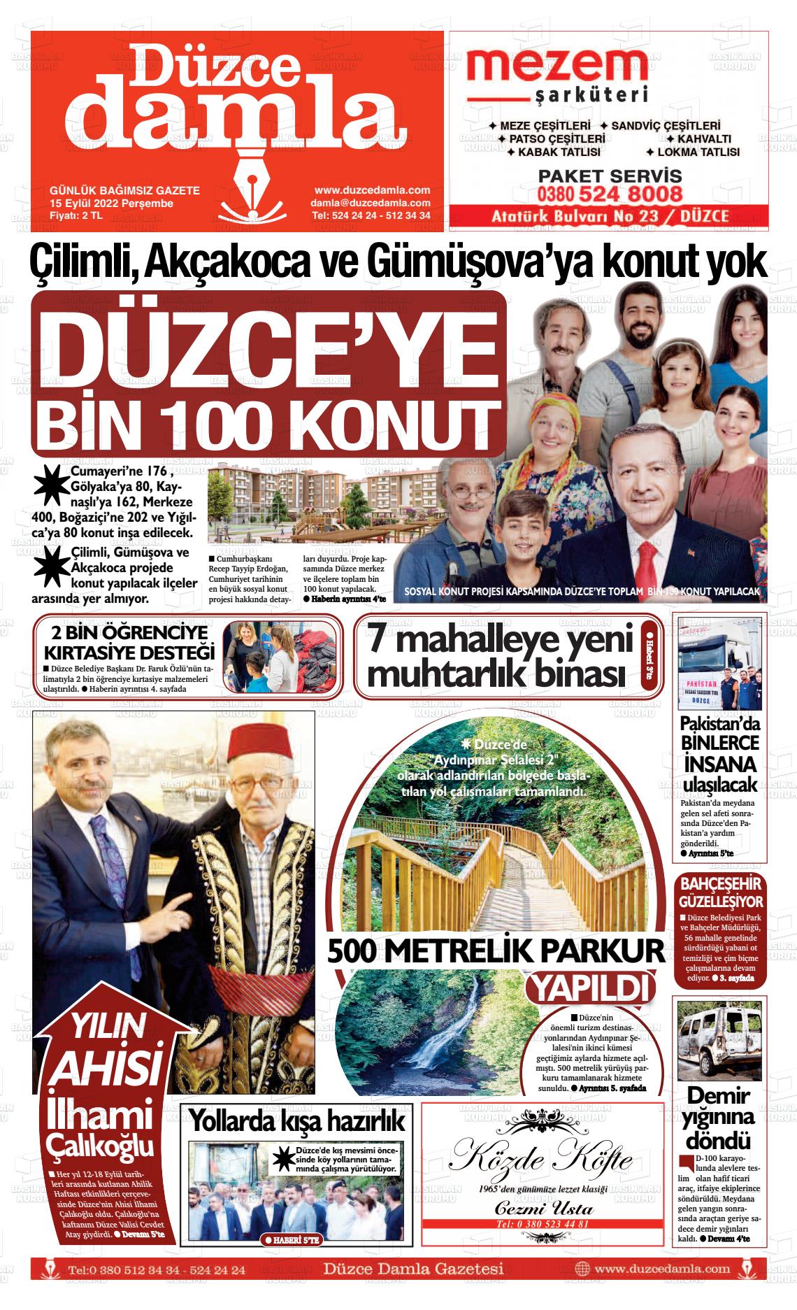 13 Kasım 2022 Düzce Damla Gazete Manşeti