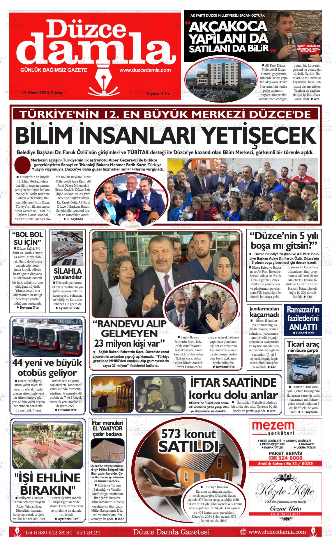 15 Mart 2024 Düzce Damla Gazete Manşeti