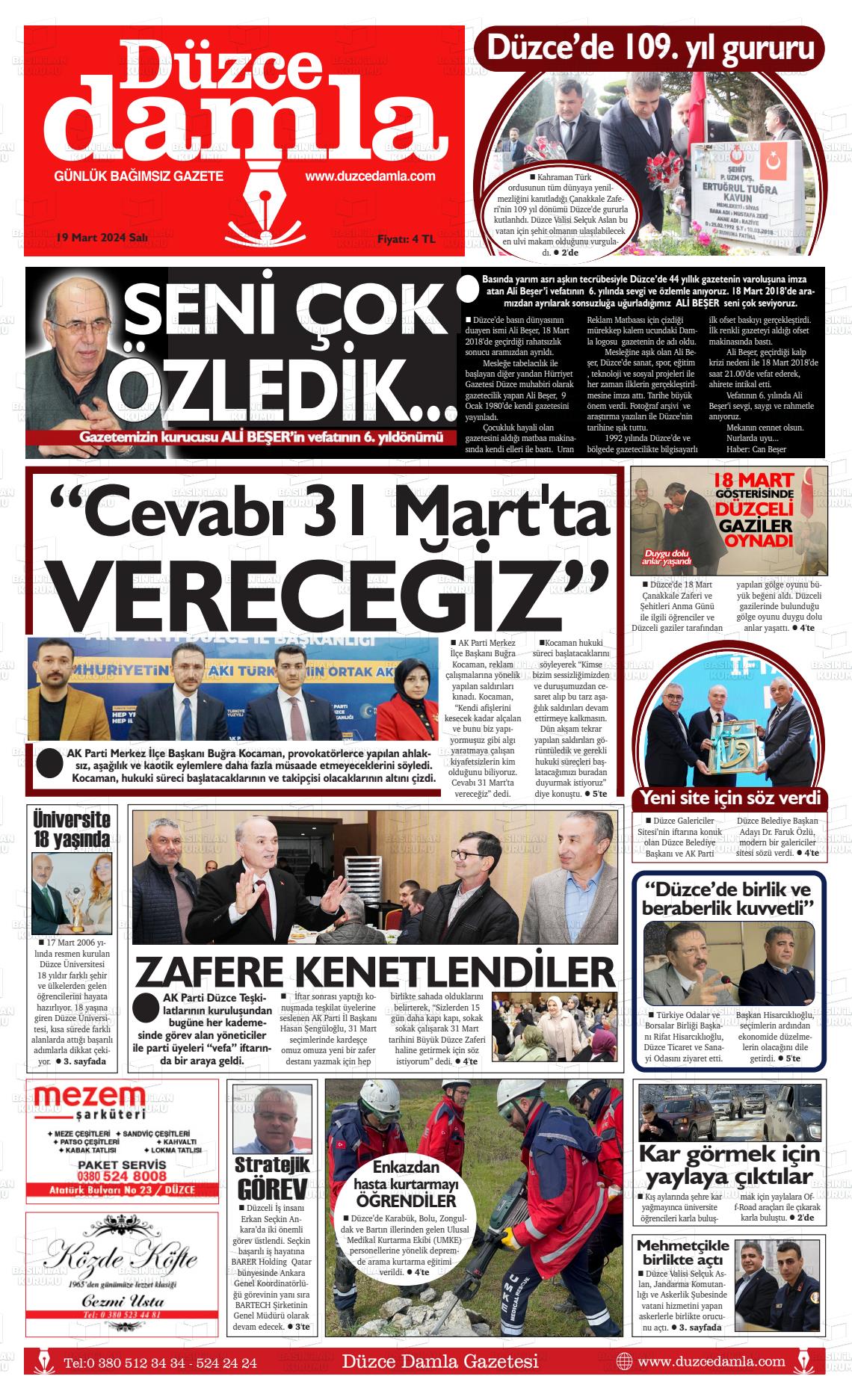 19 Mart 2024 Düzce Damla Gazete Manşeti