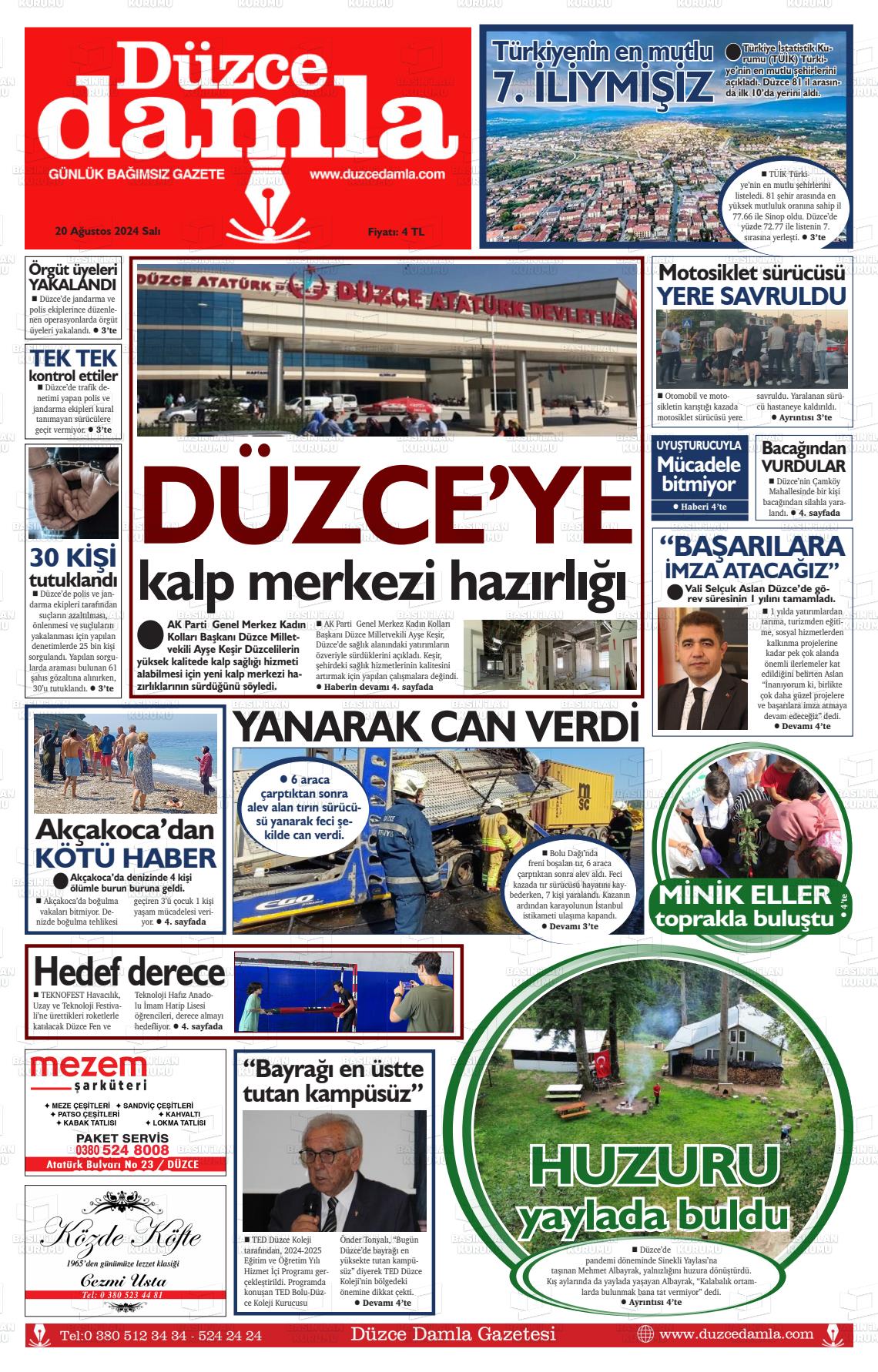 20 Ağustos 2024 Düzce Damla Gazete Manşeti