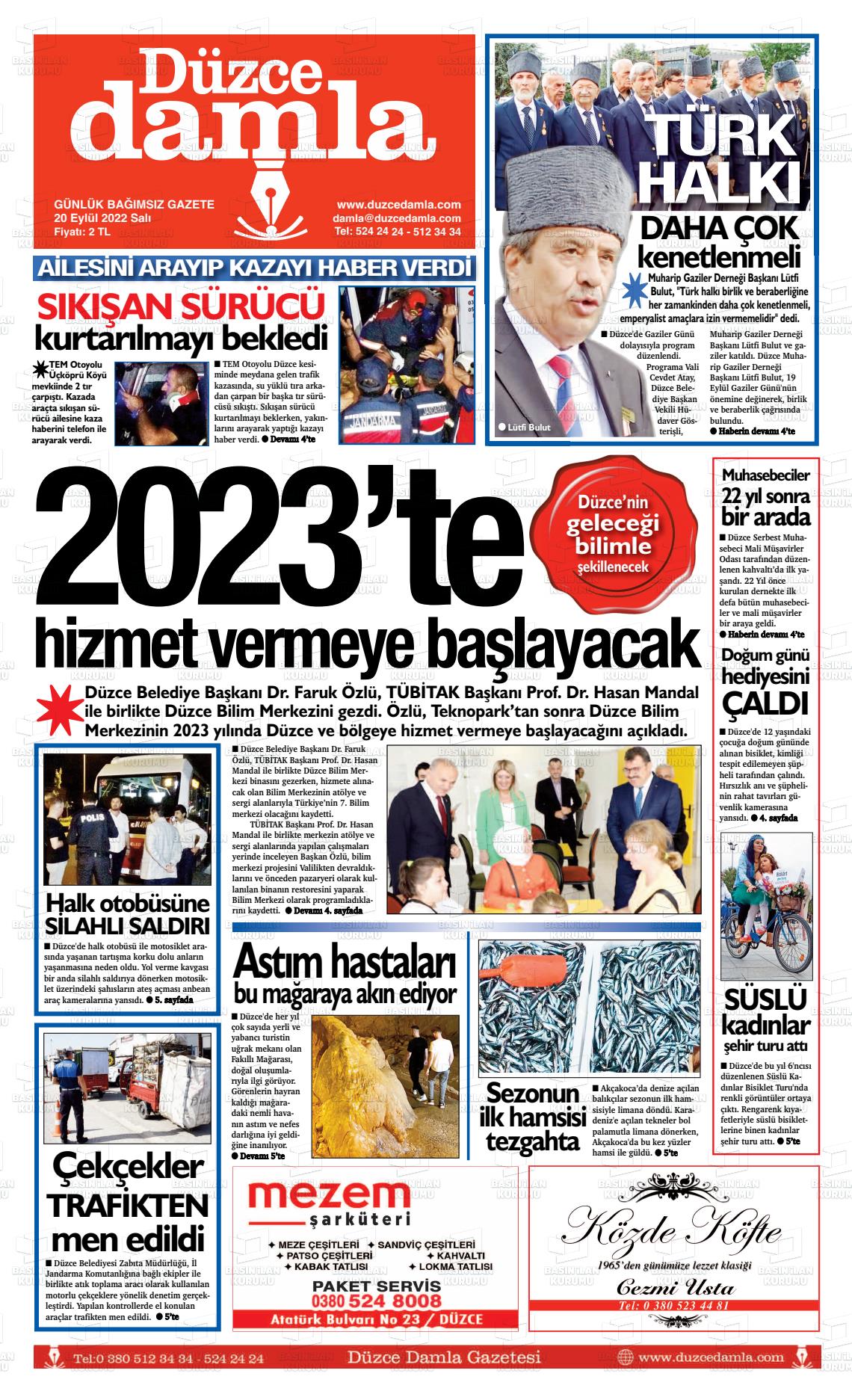 20 Eylül 2022 Düzce Damla Gazete Manşeti