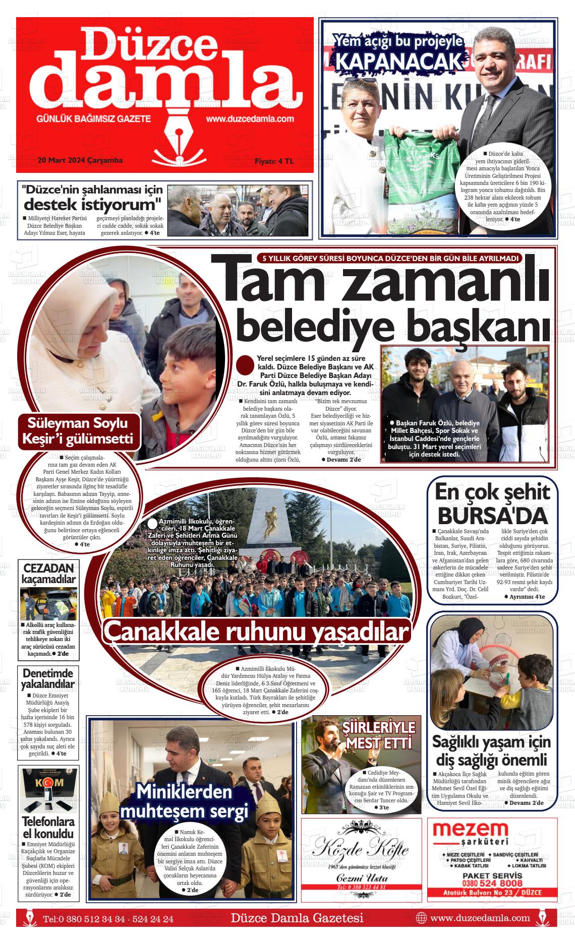 20 Mart 2024 Düzce Damla Gazete Manşeti