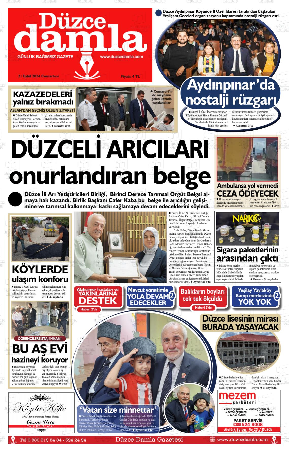 21 Eylül 2024 Düzce Damla Gazete Manşeti