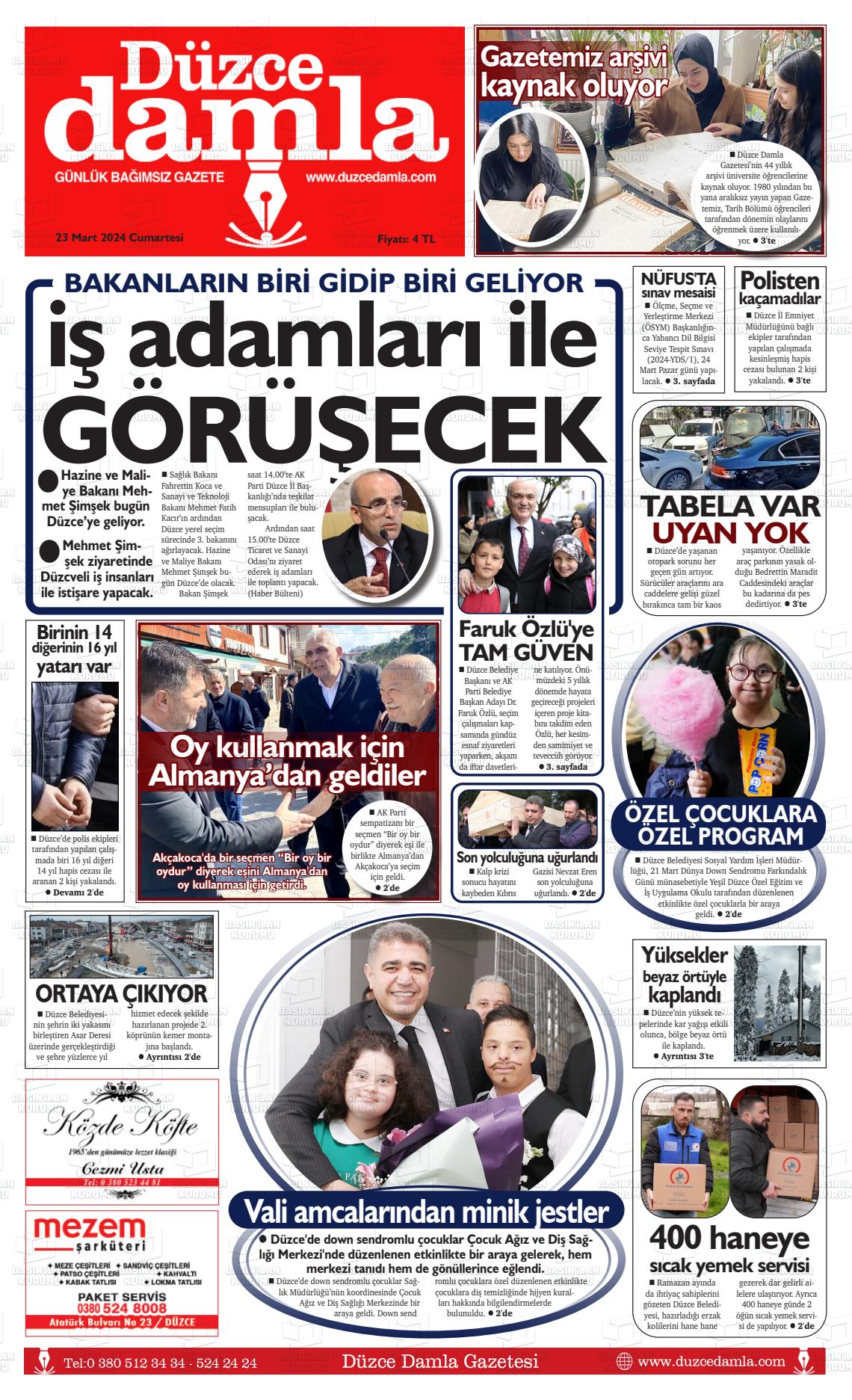 23 Mart 2024 Düzce Damla Gazete Manşeti