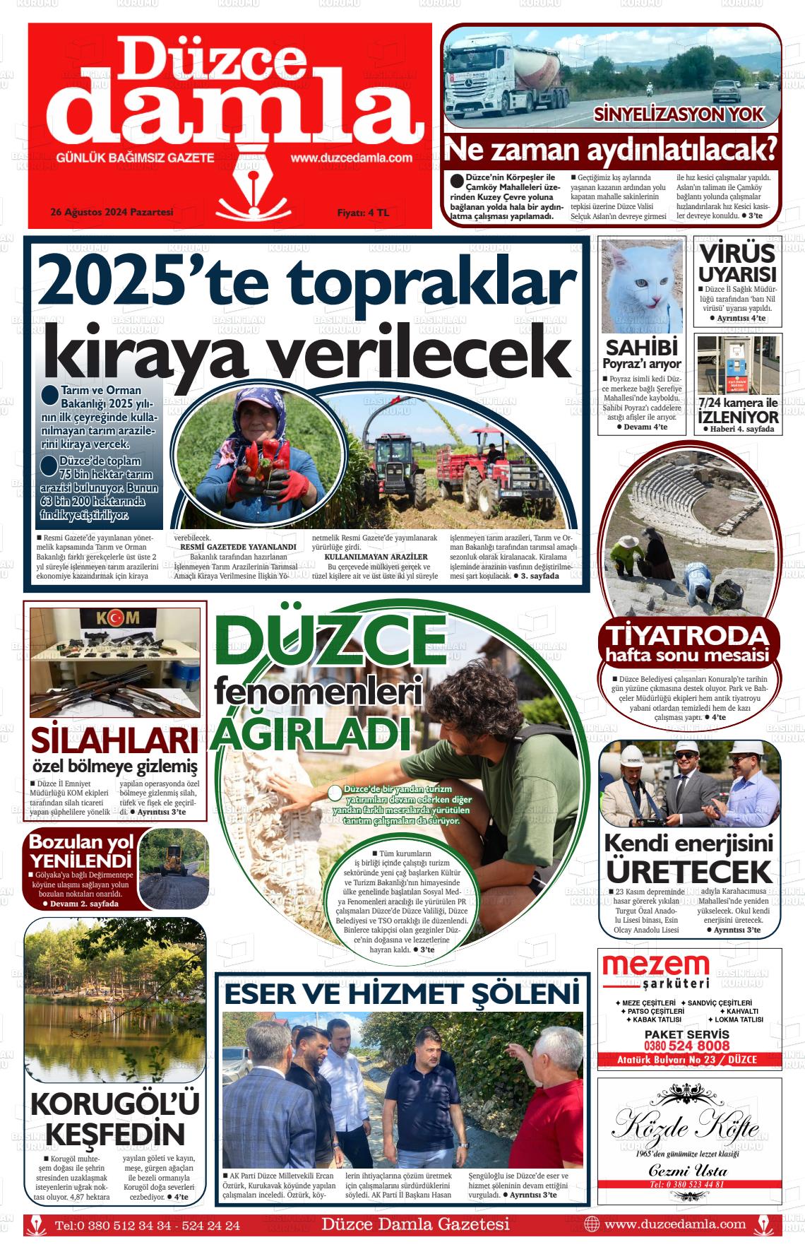 26 Ağustos 2024 Düzce Damla Gazete Manşeti