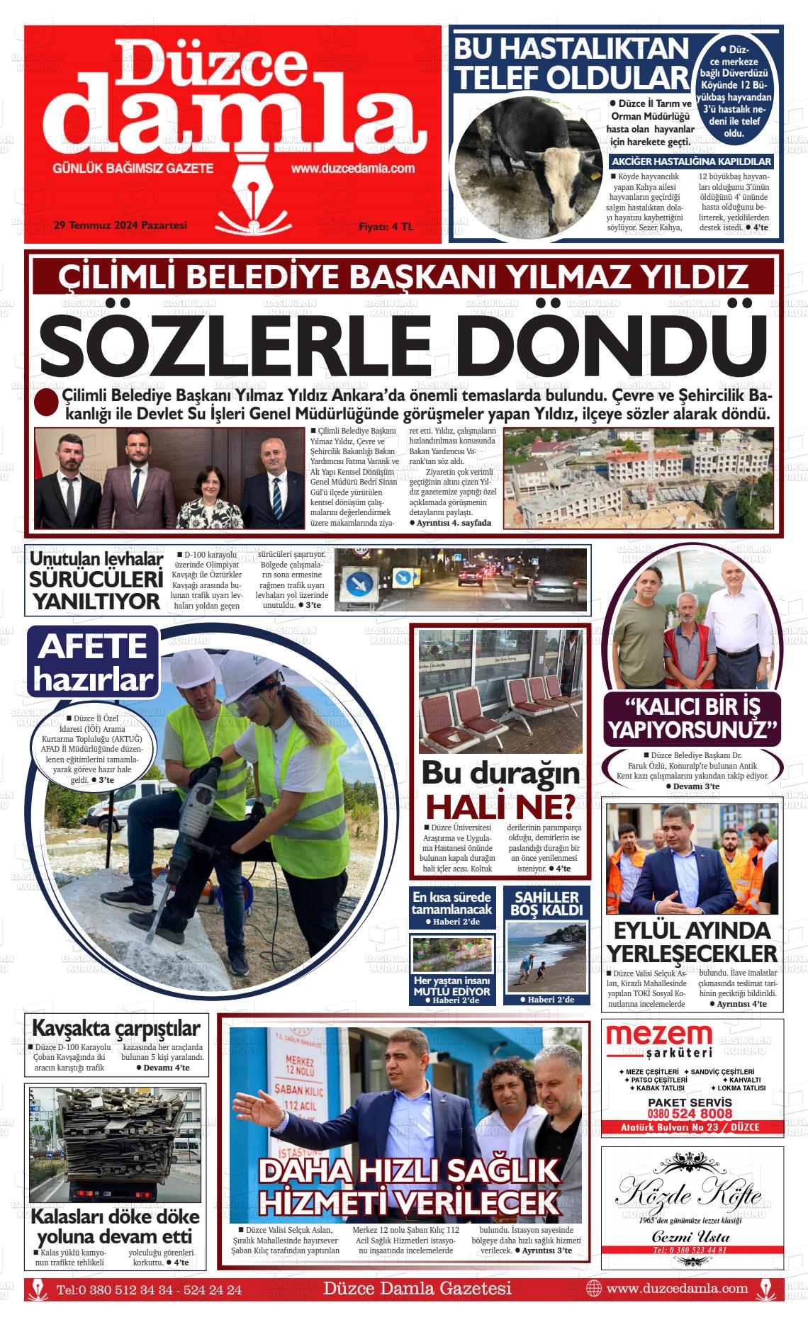 29 Temmuz 2024 Düzce Damla Gazete Manşeti