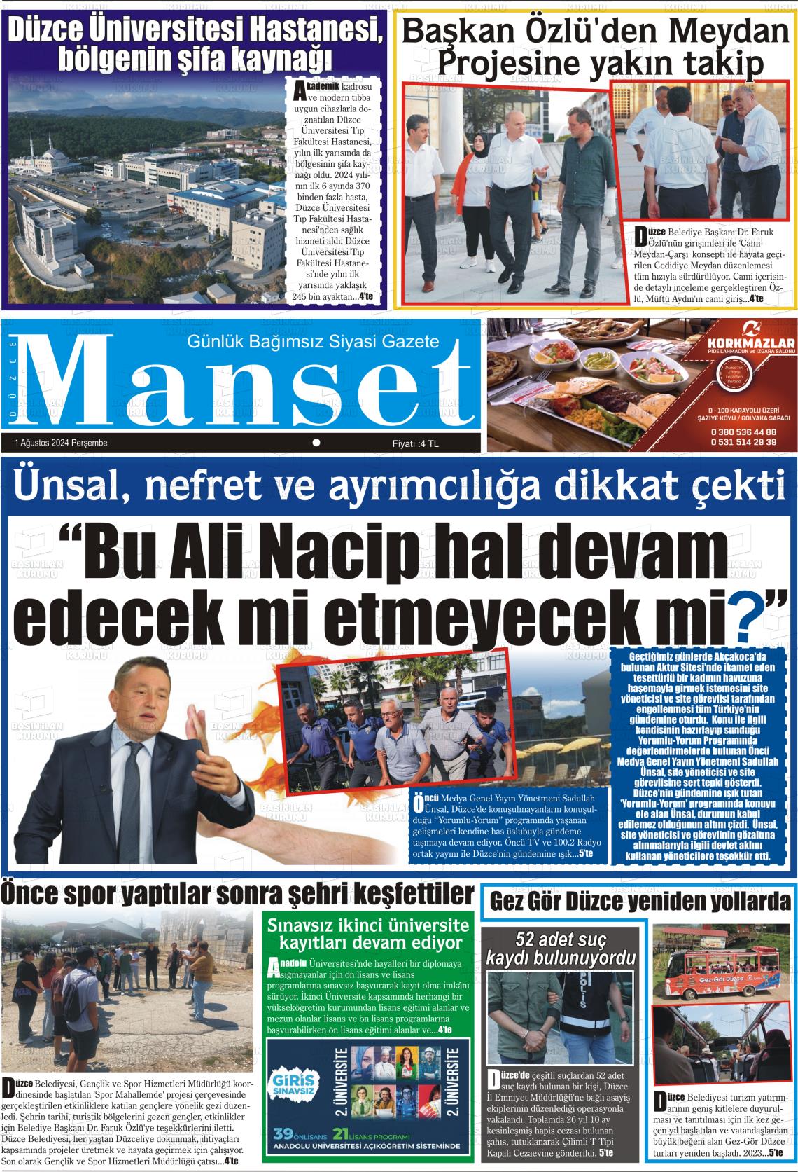 01 Ağustos 2024 Düzce Manşet Gazete Manşeti