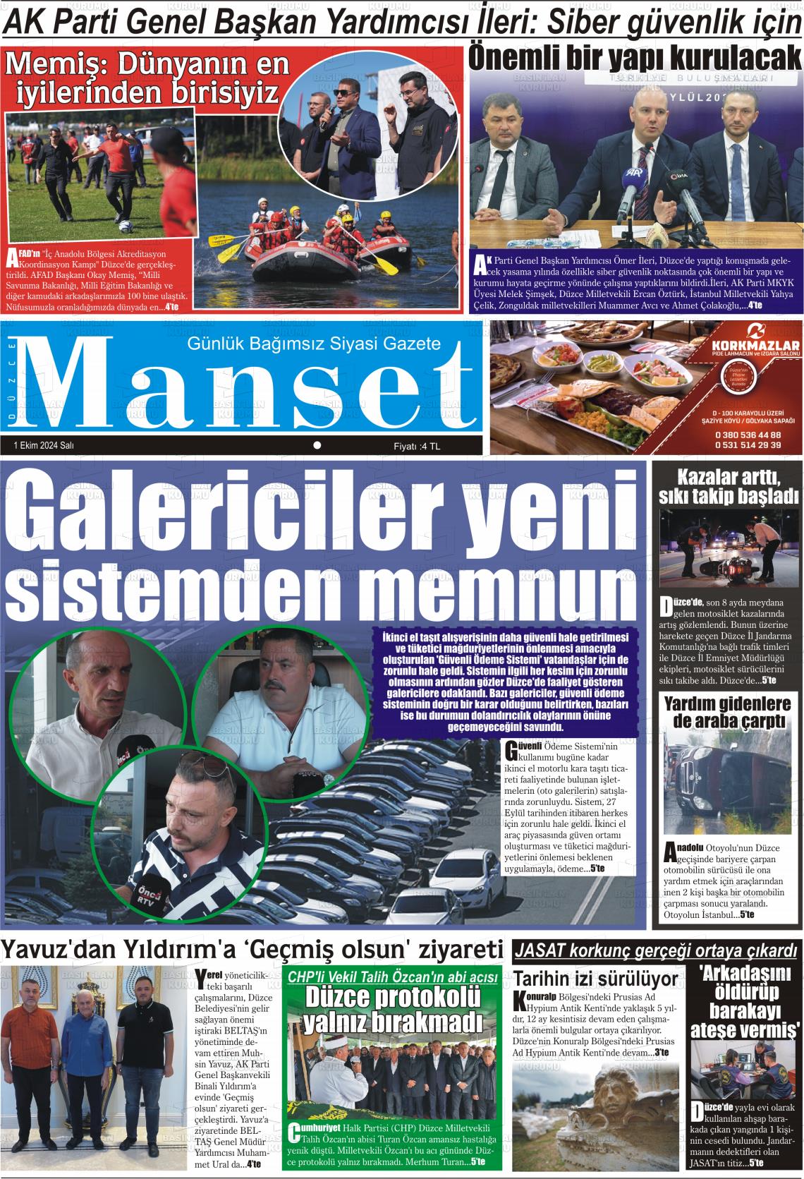 01 Ekim 2024 Düzce Manşet Gazete Manşeti