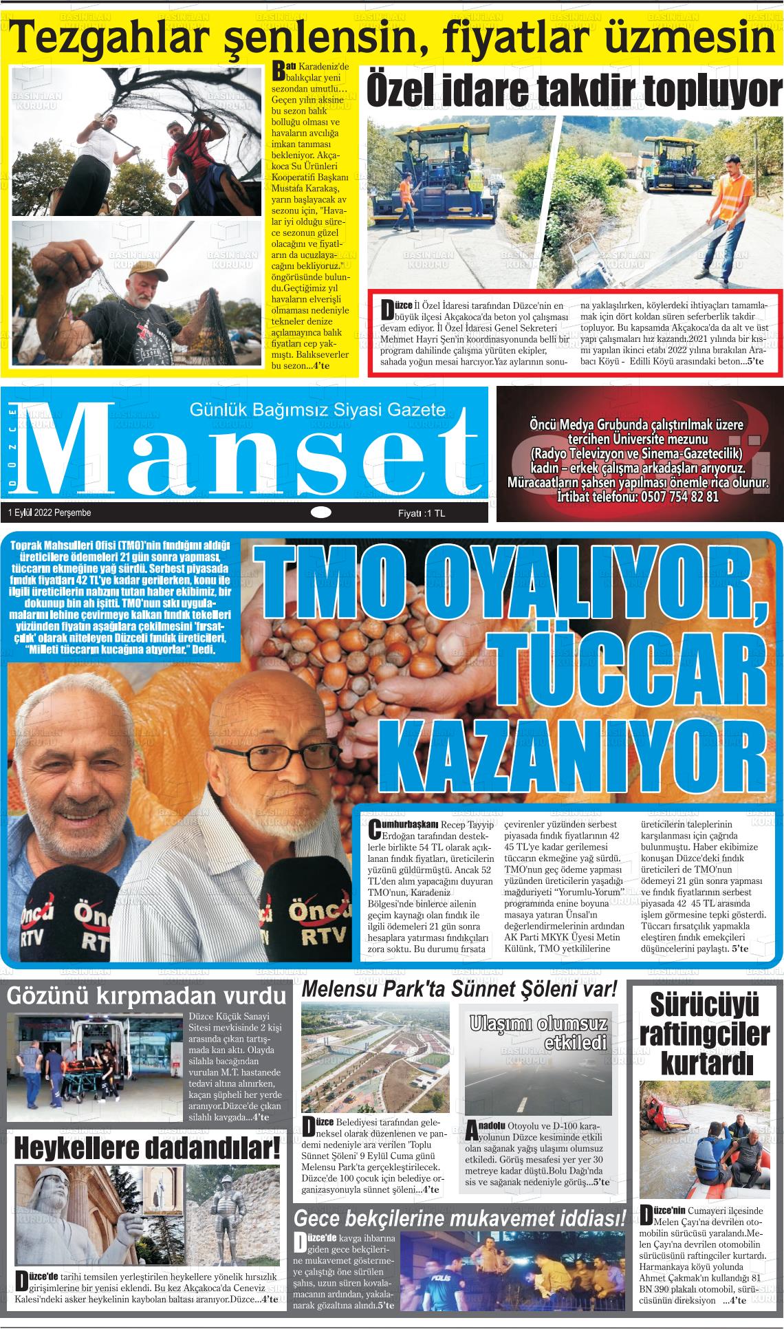 01 Eylül 2022 Düzce Manşet Gazete Manşeti