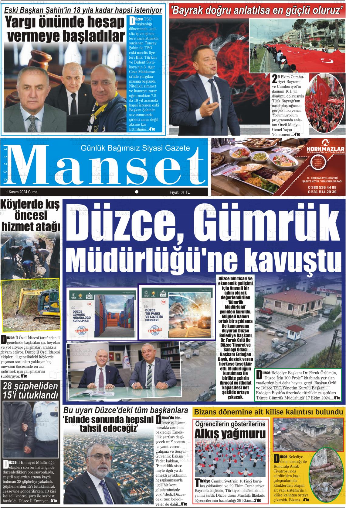 01 Kasım 2024 Düzce Manşet Gazete Manşeti