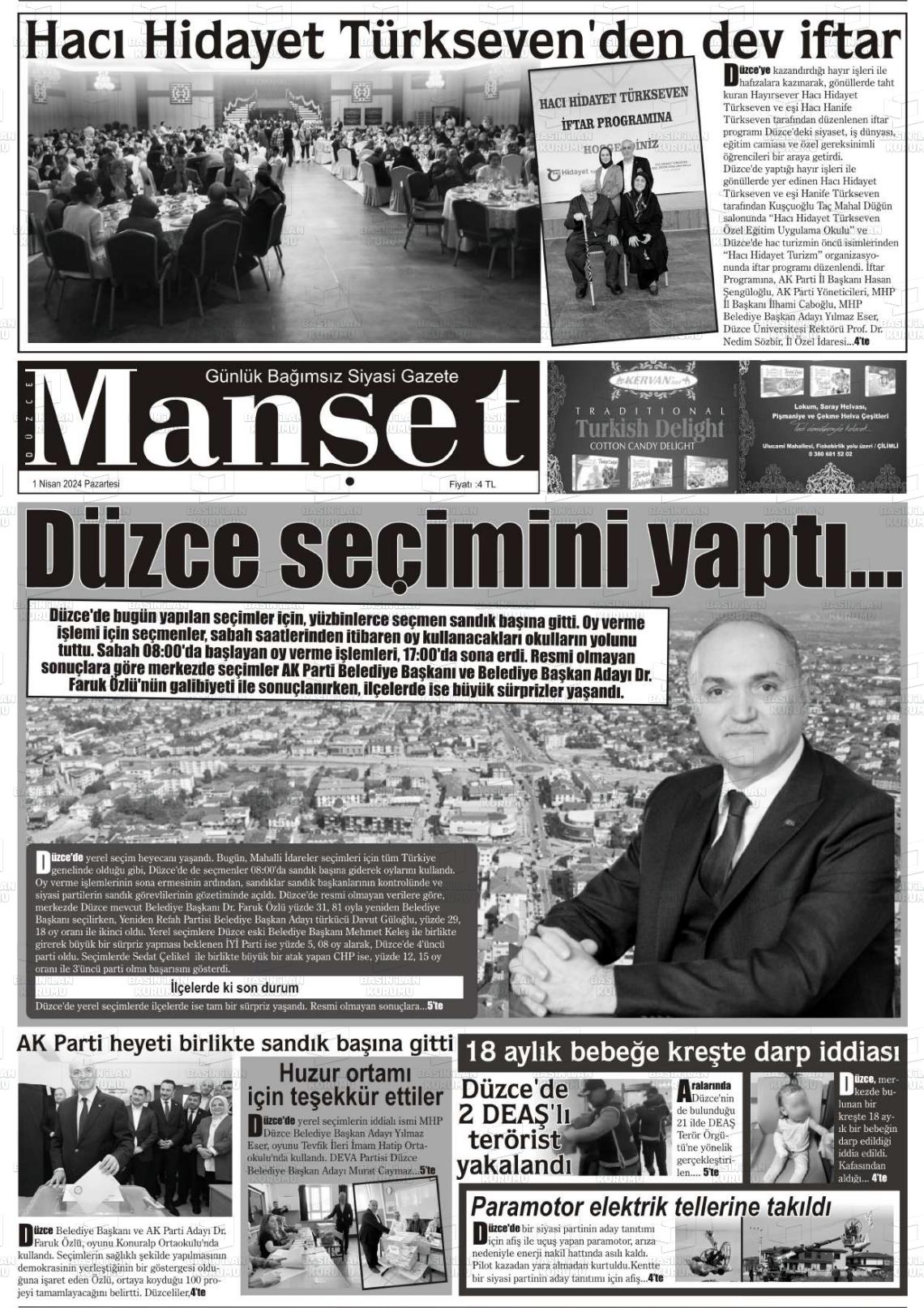 01 Nisan 2024 Düzce Manşet Gazete Manşeti