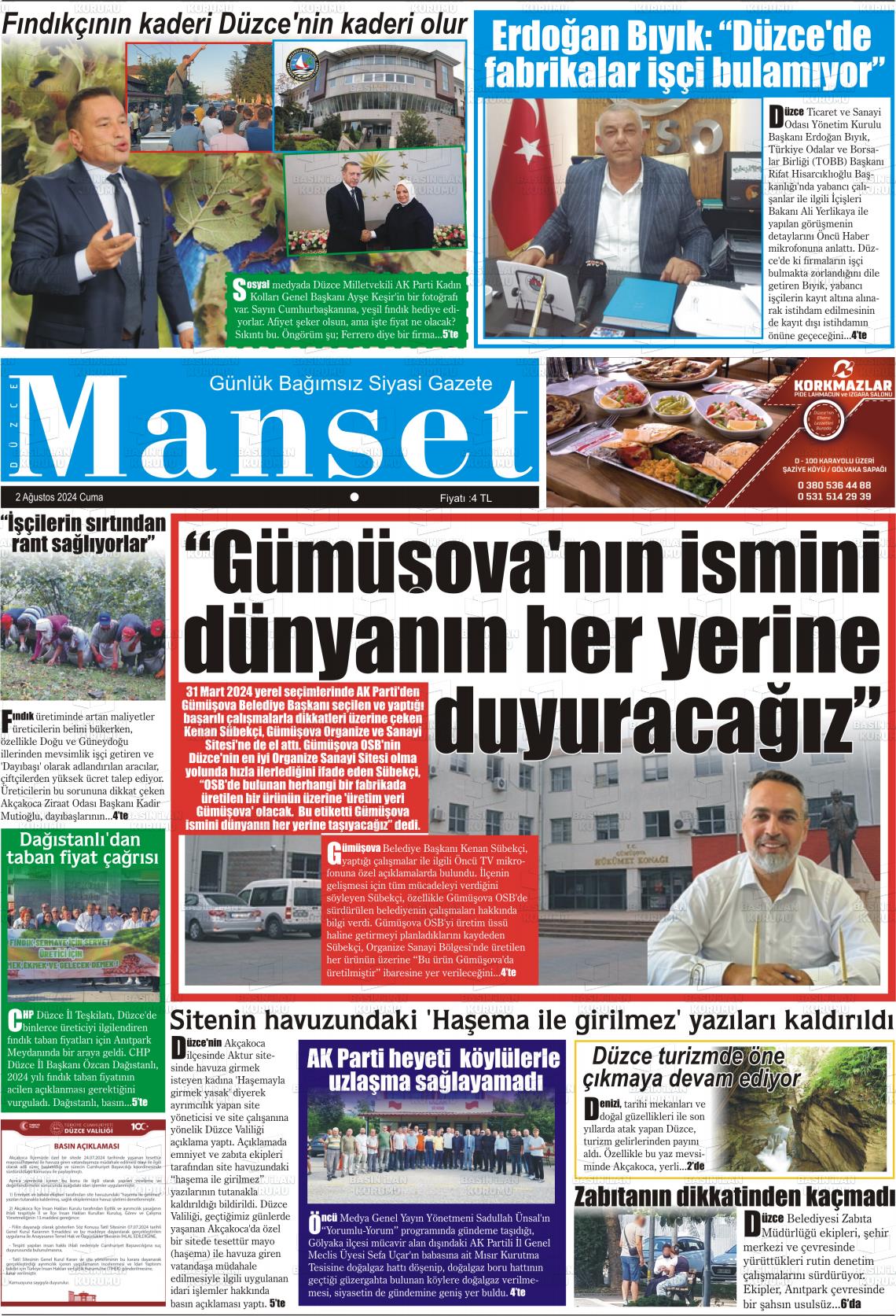 02 Ağustos 2024 Düzce Manşet Gazete Manşeti