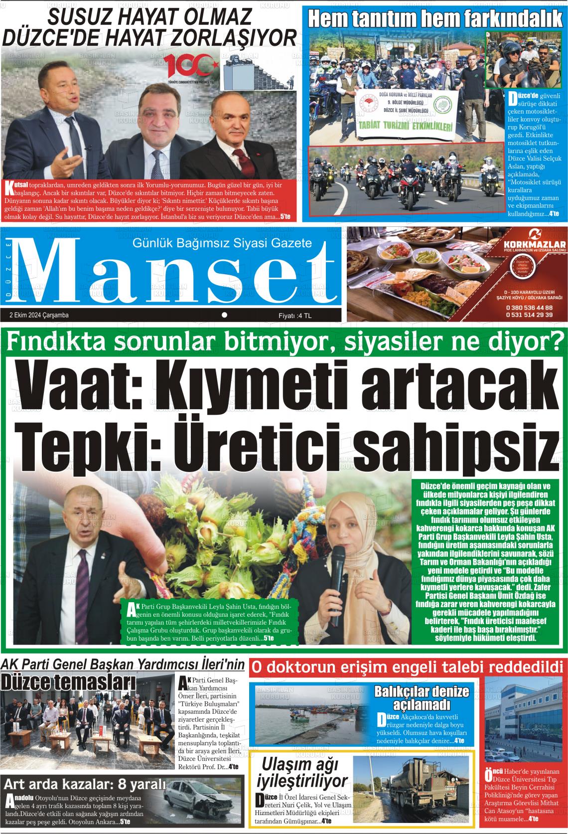 02 Ekim 2024 Düzce Manşet Gazete Manşeti