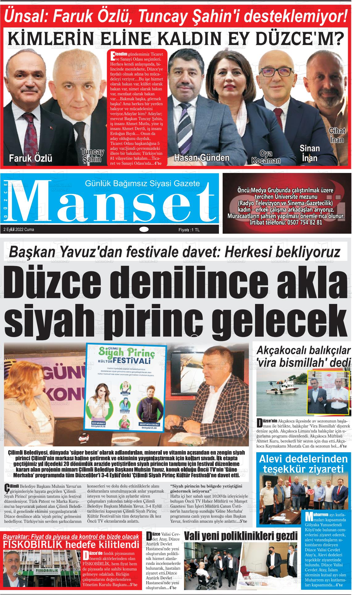 02 Eylül 2022 Düzce Manşet Gazete Manşeti