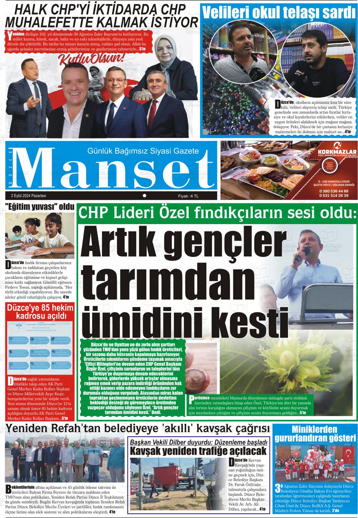 02 Eylül 2024 Düzce Manşet Gazete Manşeti