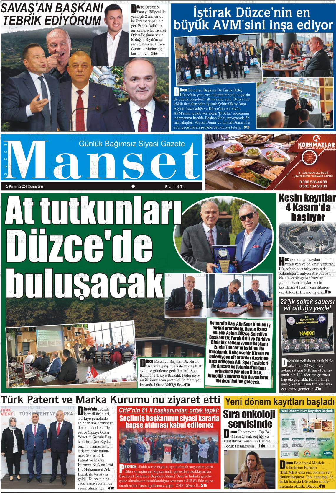 02 Kasım 2024 Düzce Manşet Gazete Manşeti