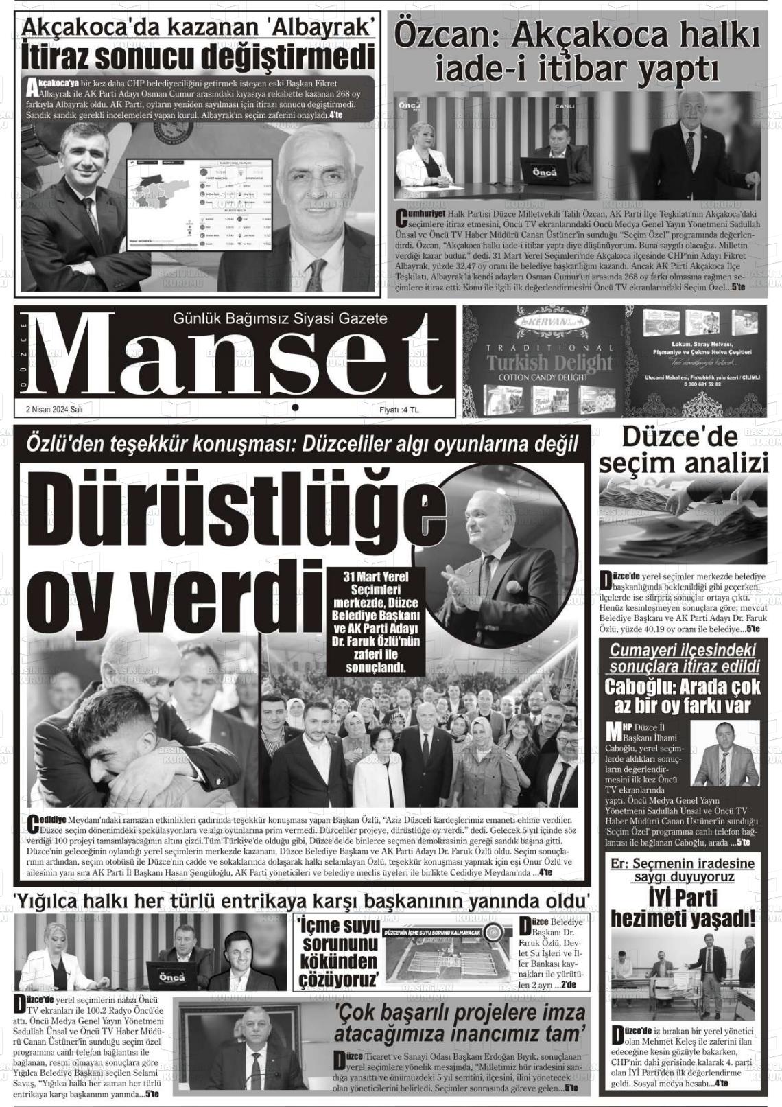 02 Nisan 2024 Düzce Manşet Gazete Manşeti