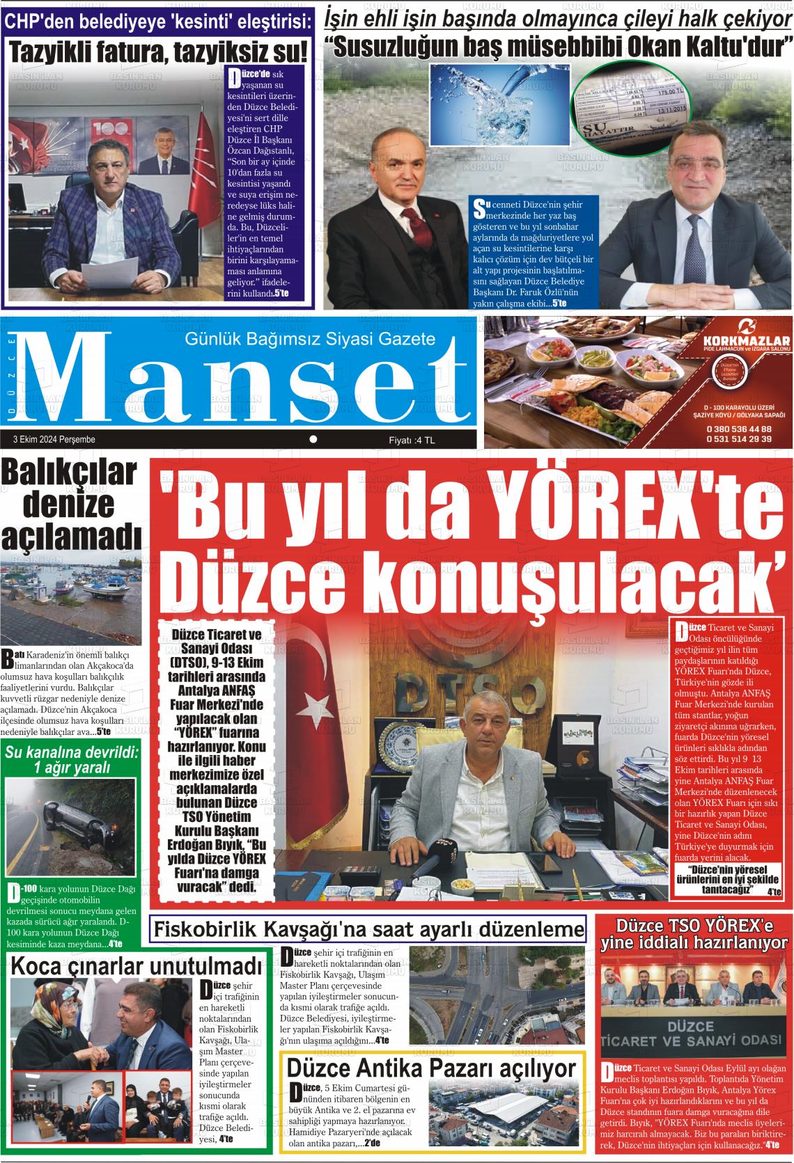 03 Ekim 2024 Düzce Manşet Gazete Manşeti