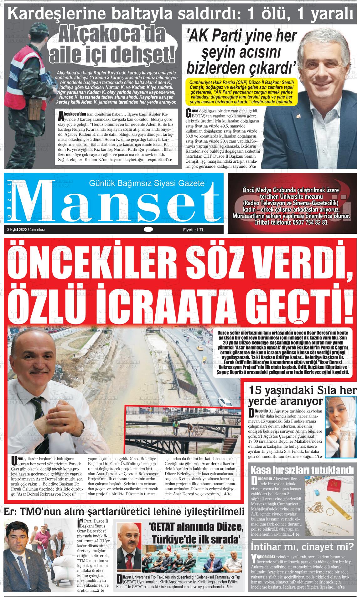 01 Kasım 2022 Düzce Manşet Gazete Manşeti