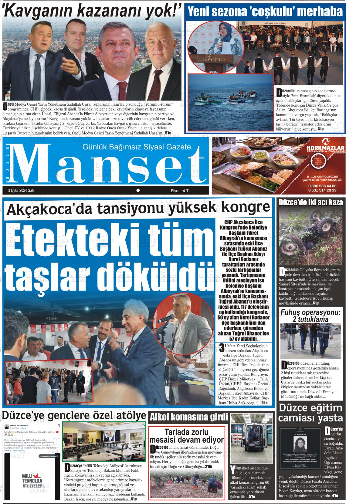 03 Eylül 2024 Düzce Manşet Gazete Manşeti