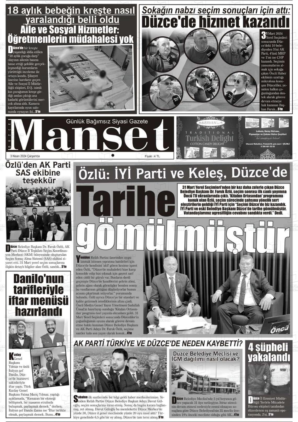 03 Nisan 2024 Düzce Manşet Gazete Manşeti