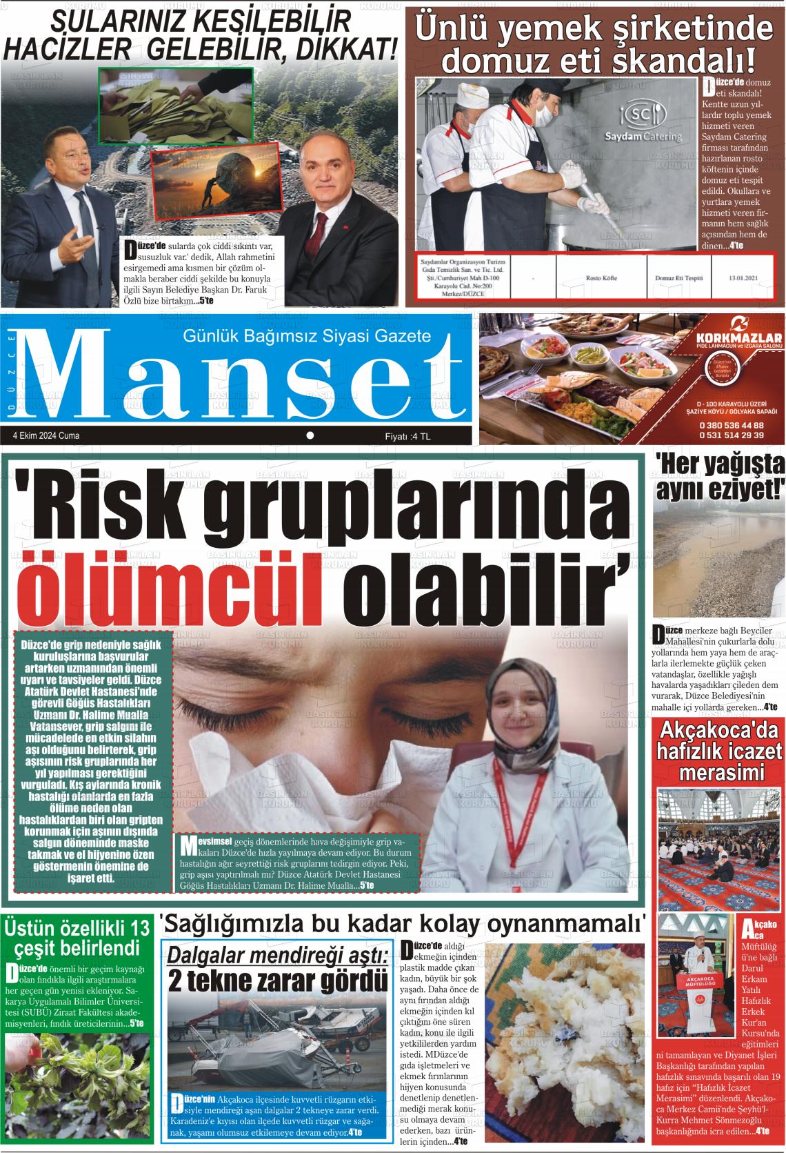 04 Ekim 2024 Düzce Manşet Gazete Manşeti