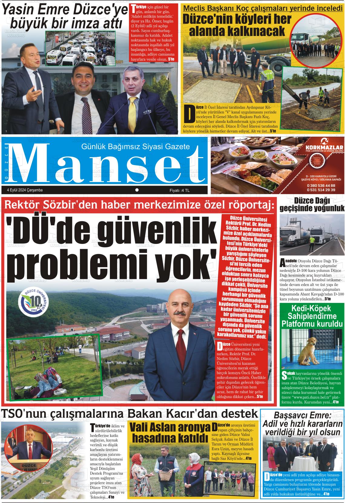 04 Eylül 2024 Düzce Manşet Gazete Manşeti