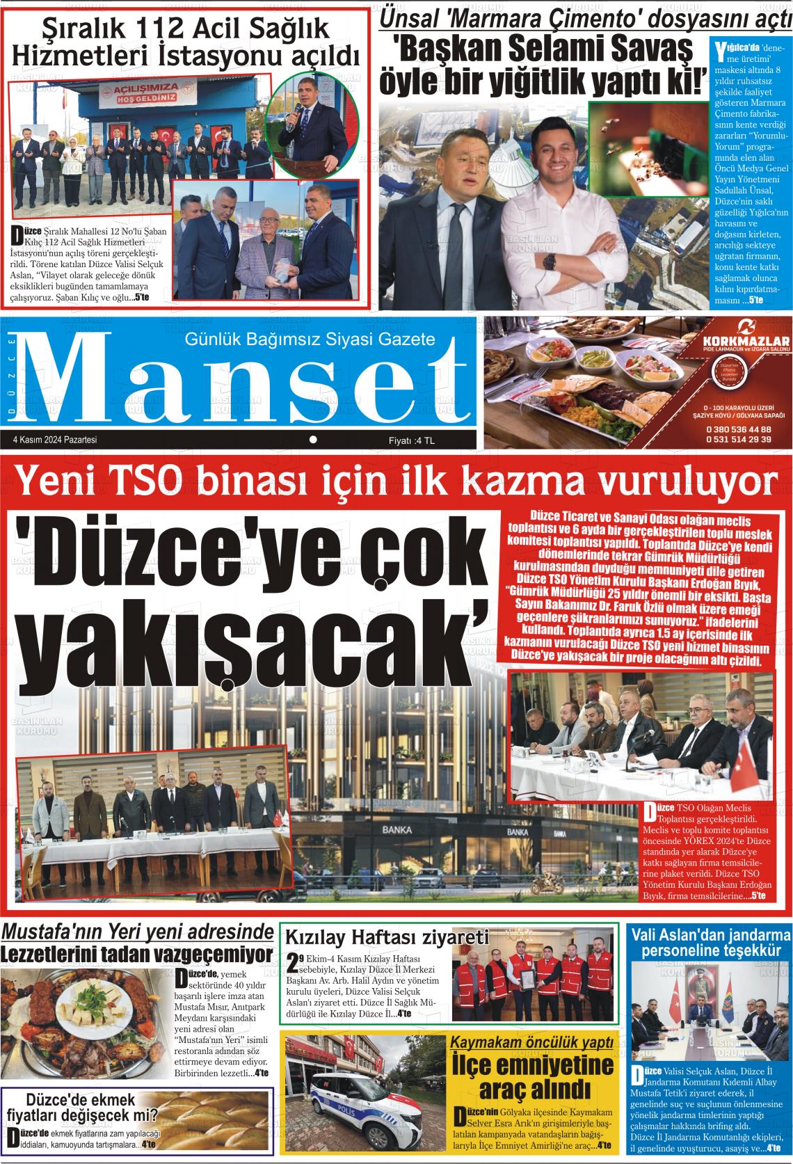 04 Kasım 2024 Düzce Manşet Gazete Manşeti