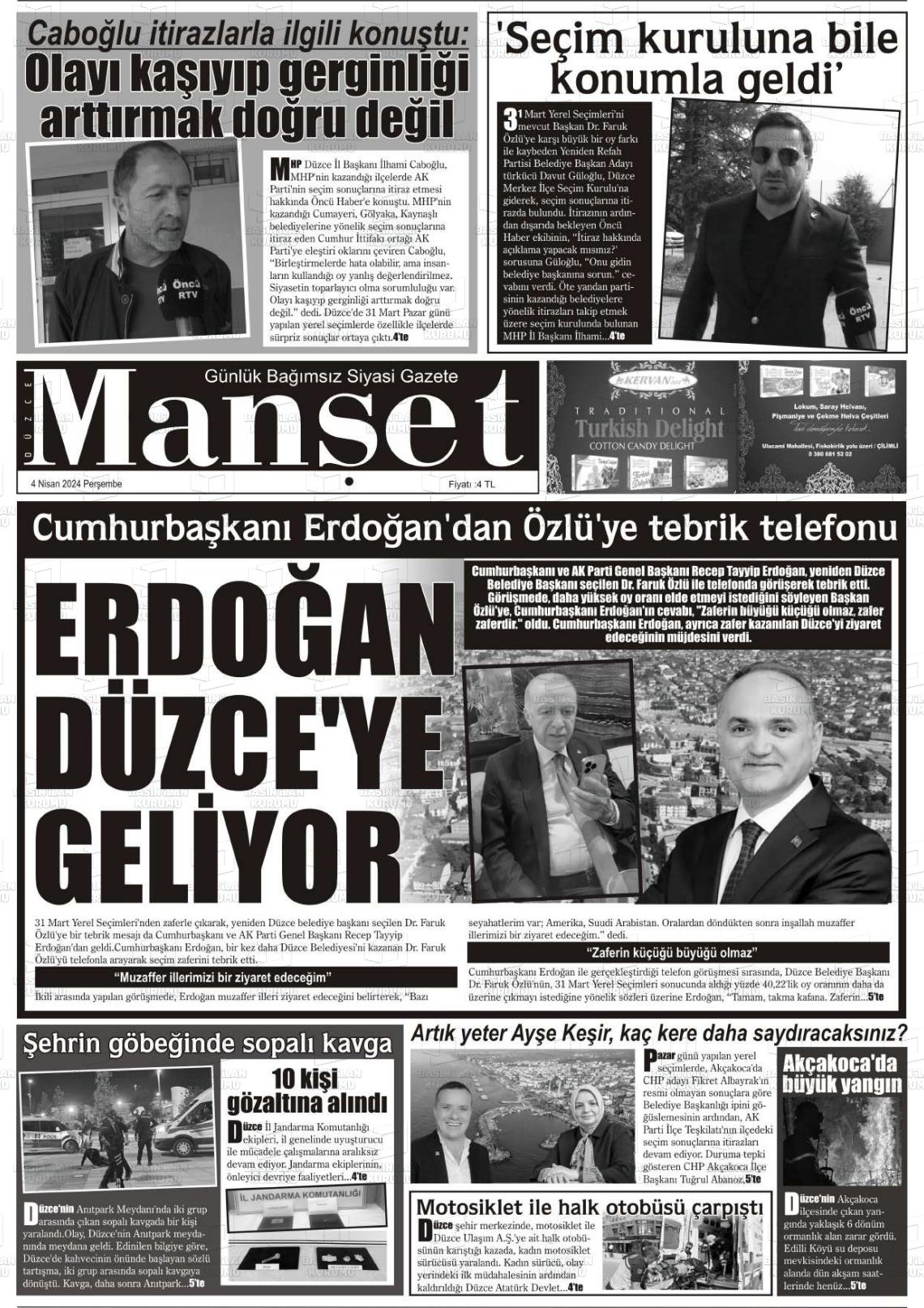 04 Nisan 2024 Düzce Manşet Gazete Manşeti