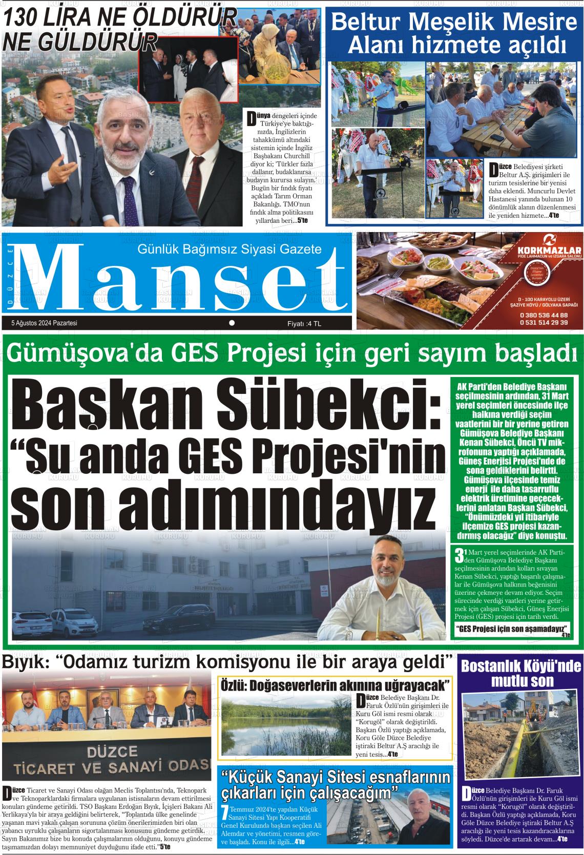 05 Ağustos 2024 Düzce Manşet Gazete Manşeti