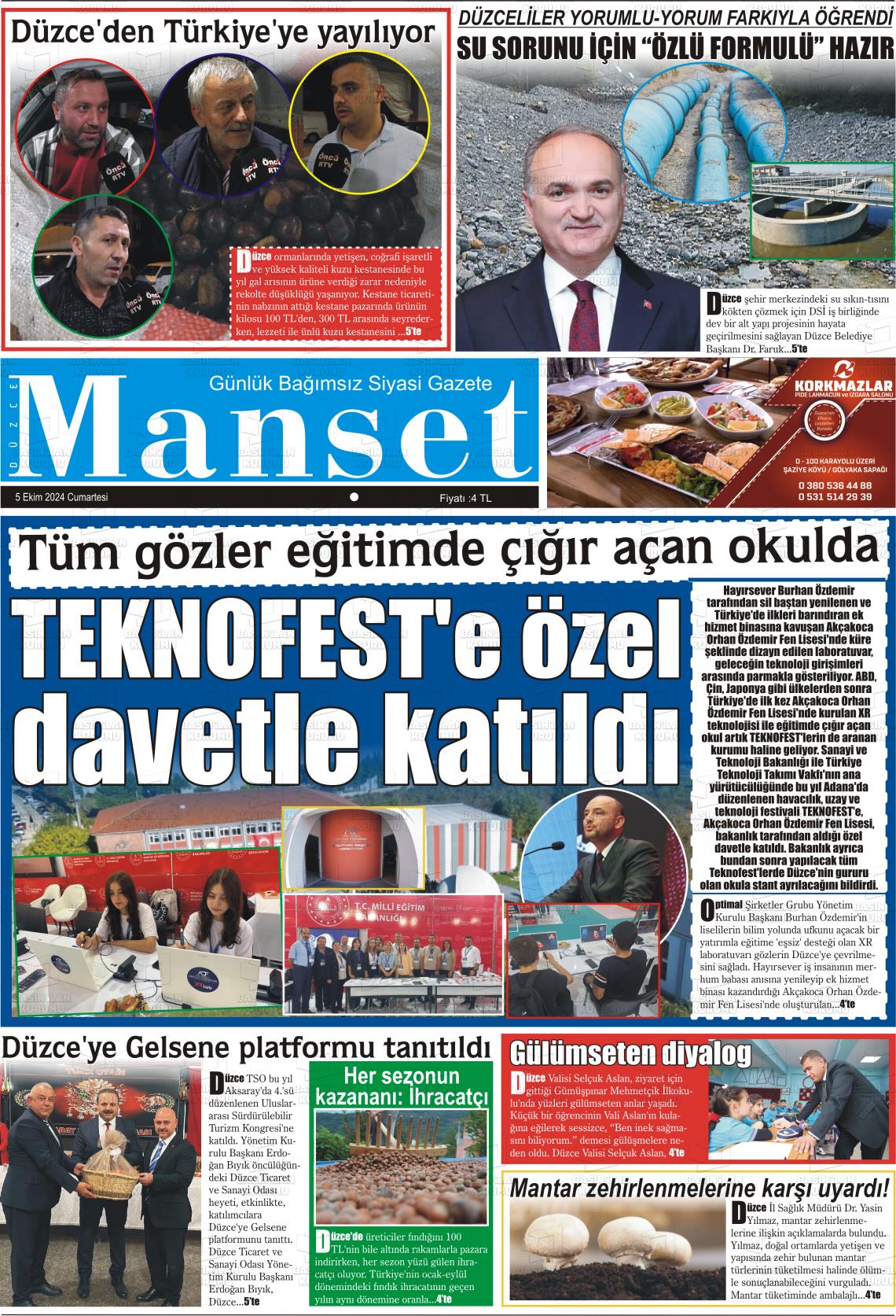 05 Ekim 2024 Düzce Manşet Gazete Manşeti