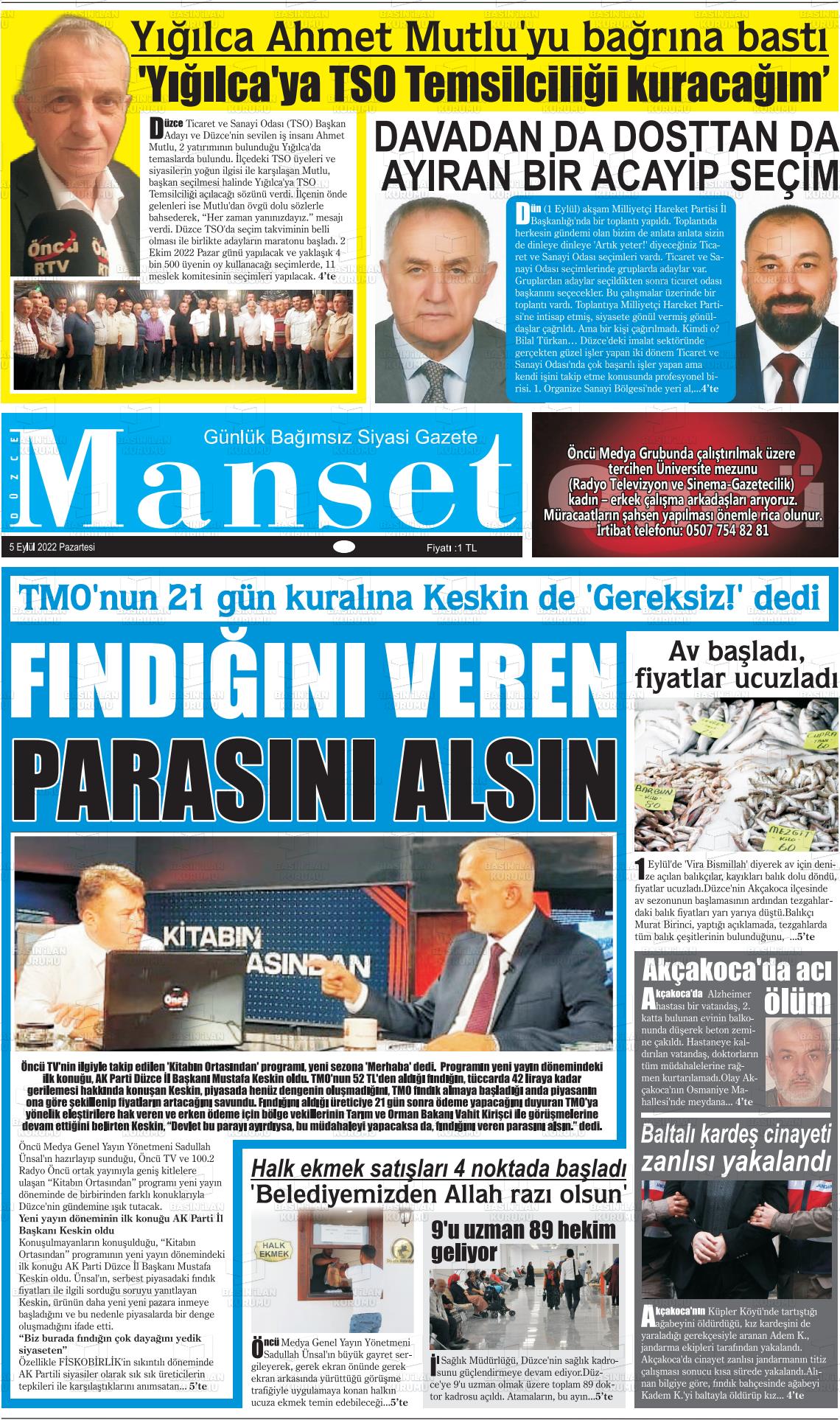 03 Kasım 2022 Düzce Manşet Gazete Manşeti