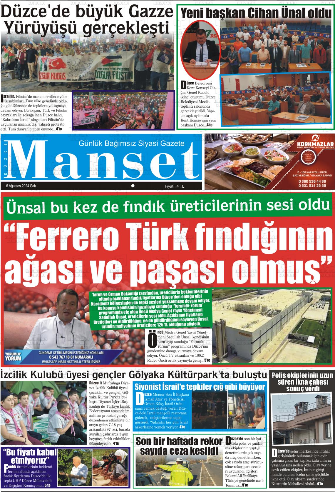 06 Ağustos 2024 Düzce Manşet Gazete Manşeti