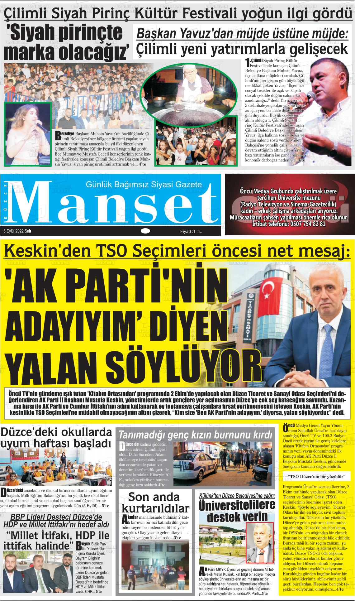 04 Kasım 2022 Düzce Manşet Gazete Manşeti