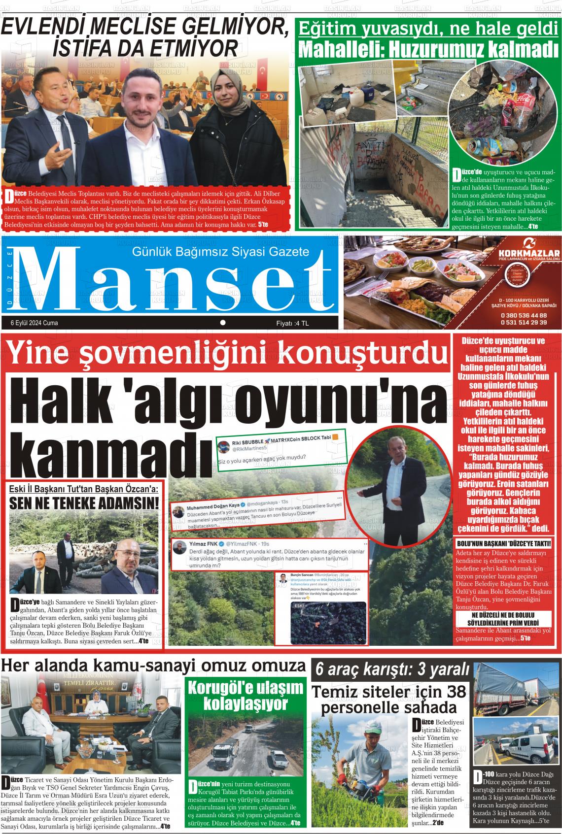 06 Eylül 2024 Düzce Manşet Gazete Manşeti