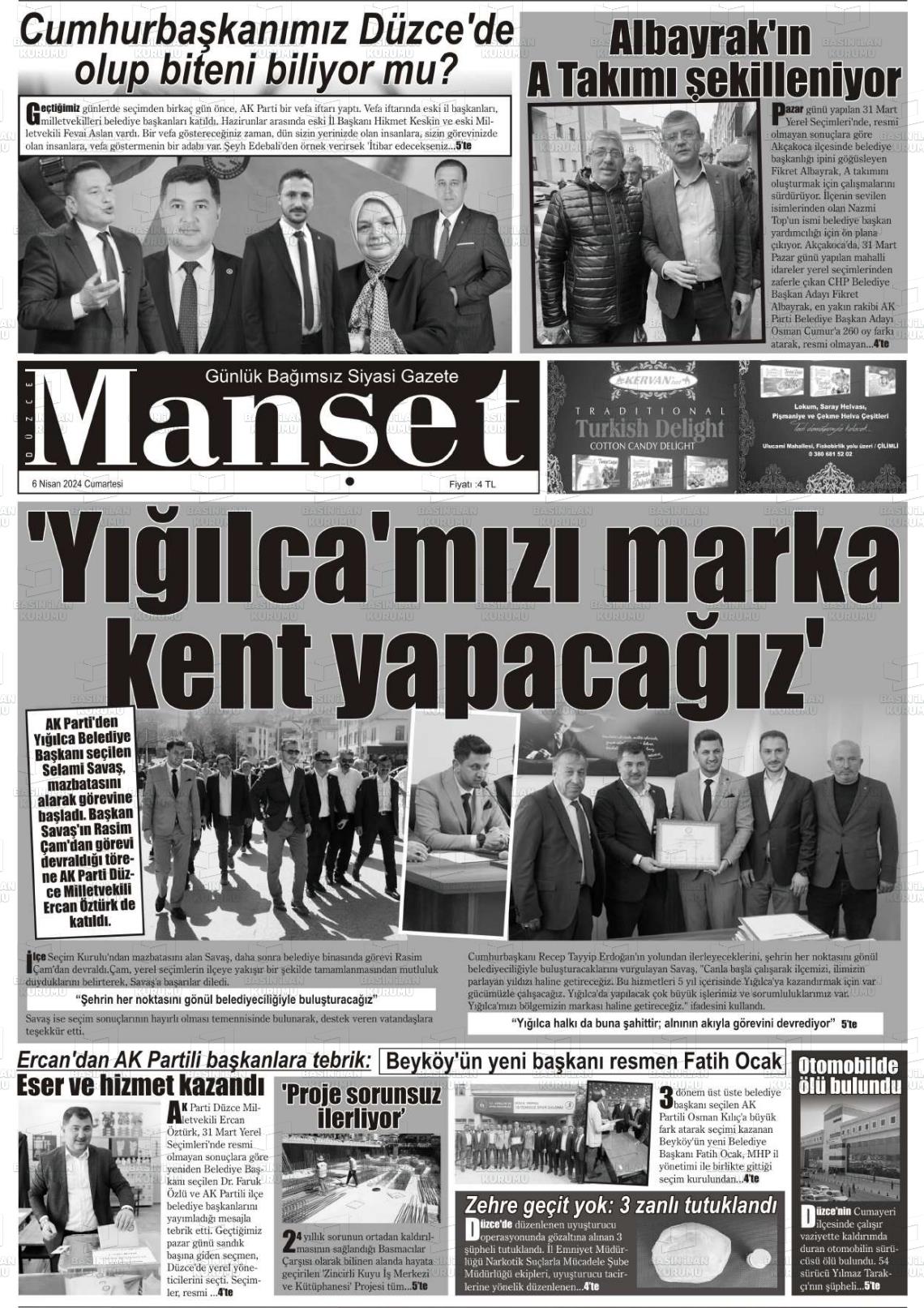 06 Nisan 2024 Düzce Manşet Gazete Manşeti