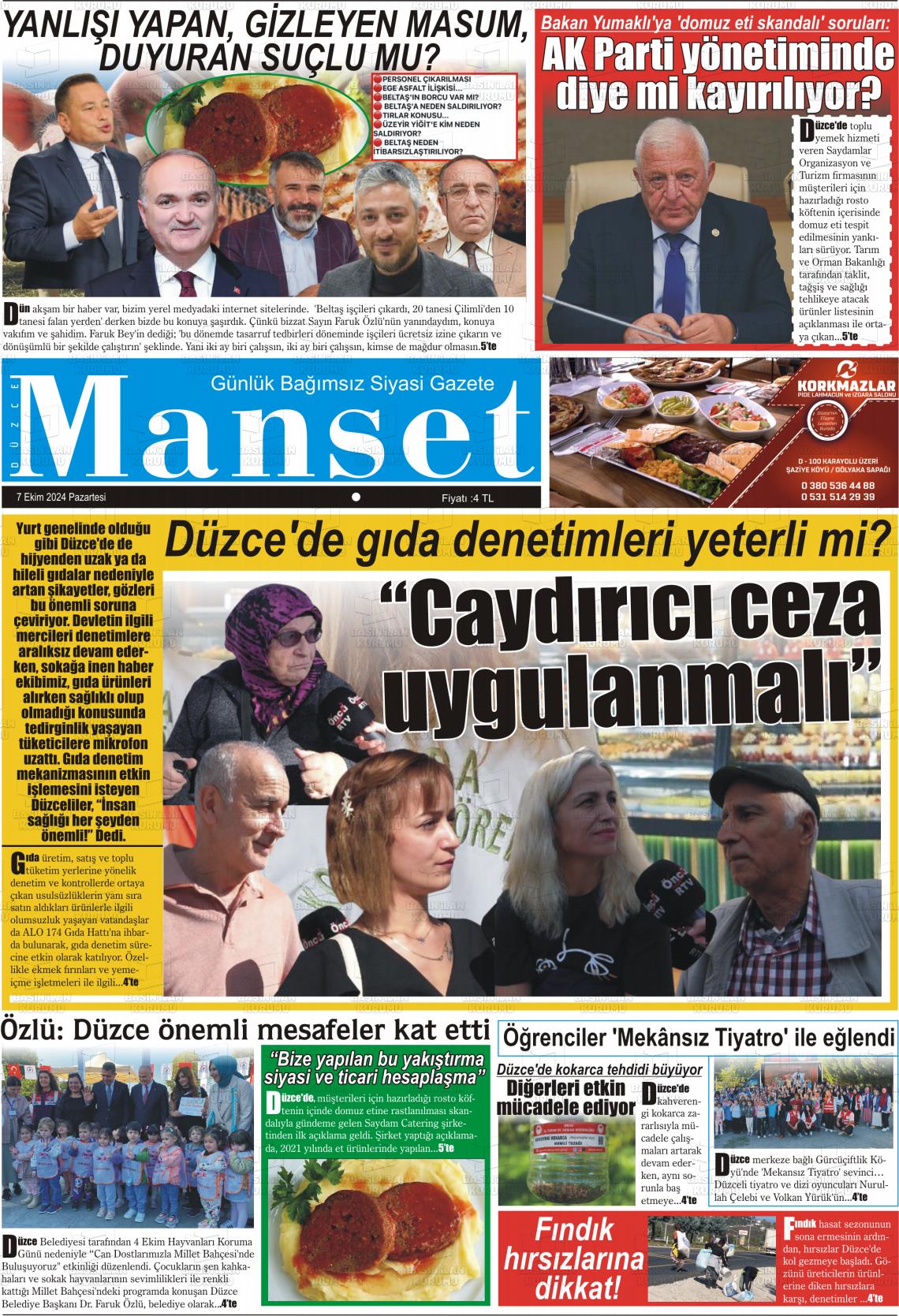 07 Ekim 2024 Düzce Manşet Gazete Manşeti