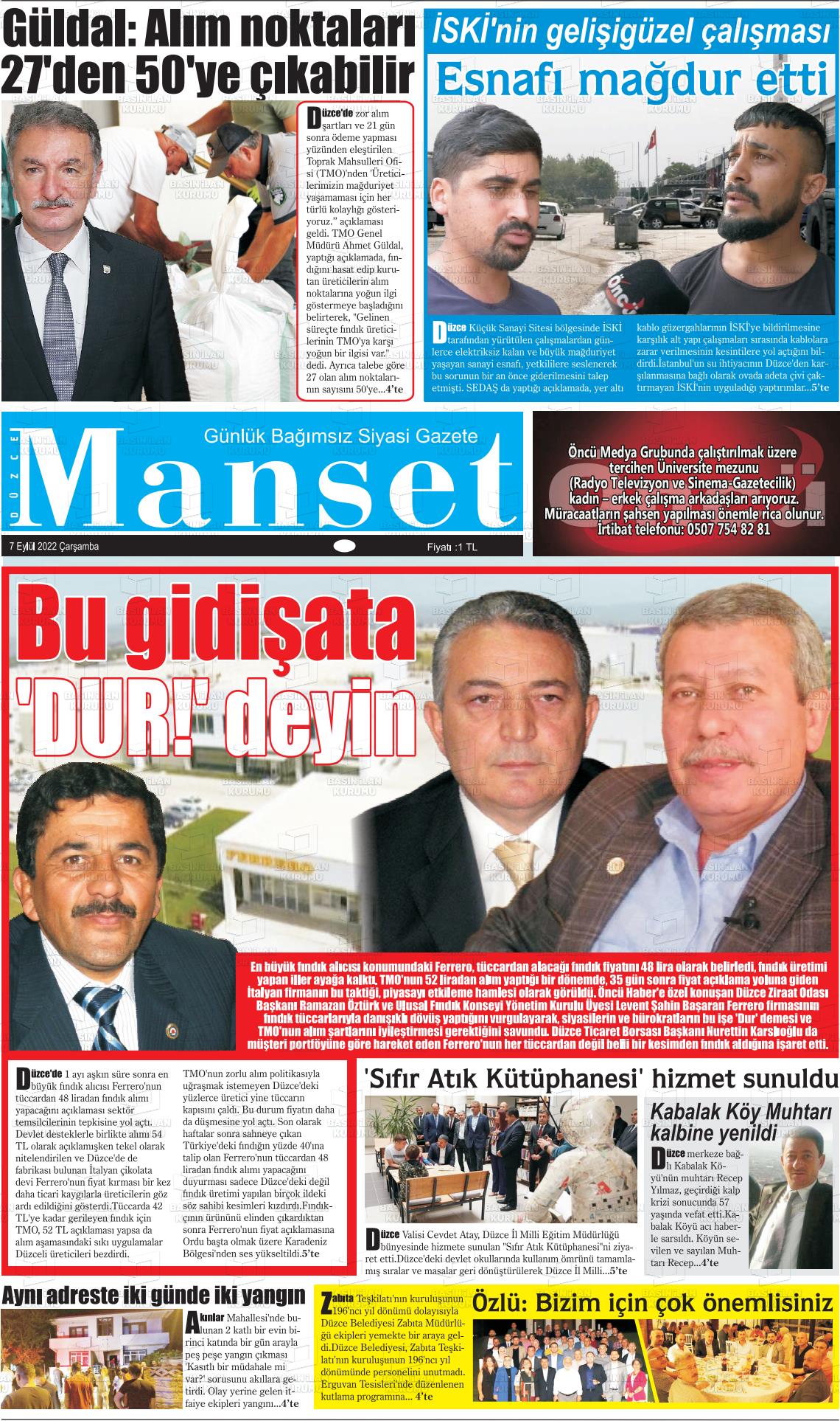 05 Kasım 2022 Düzce Manşet Gazete Manşeti