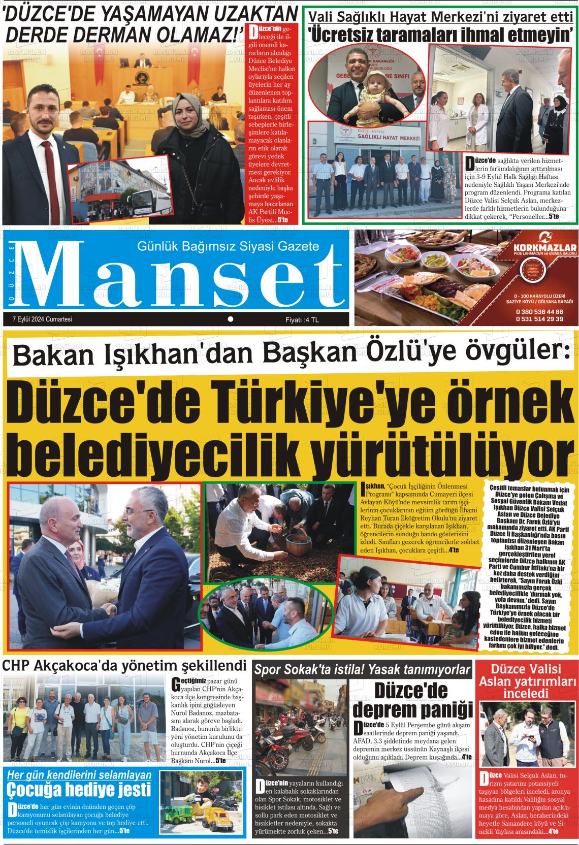 07 Eylül 2024 Düzce Manşet Gazete Manşeti