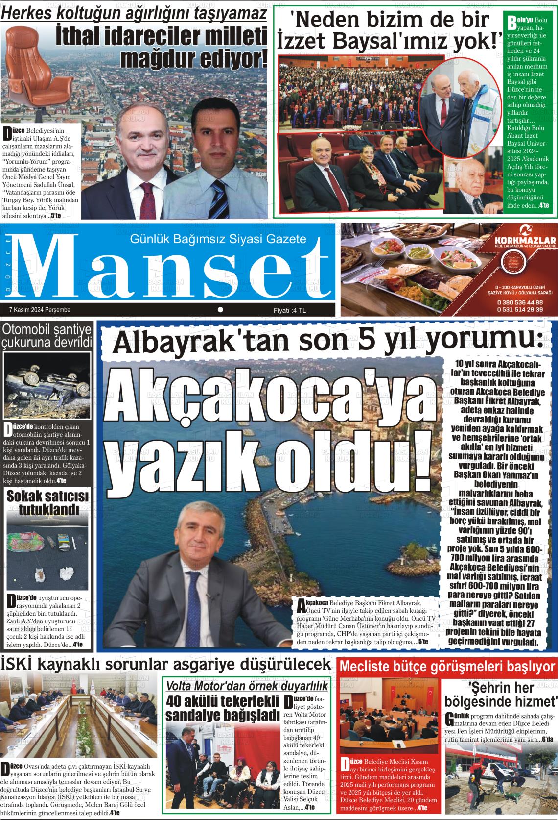 07 Kasım 2024 Düzce Manşet Gazete Manşeti