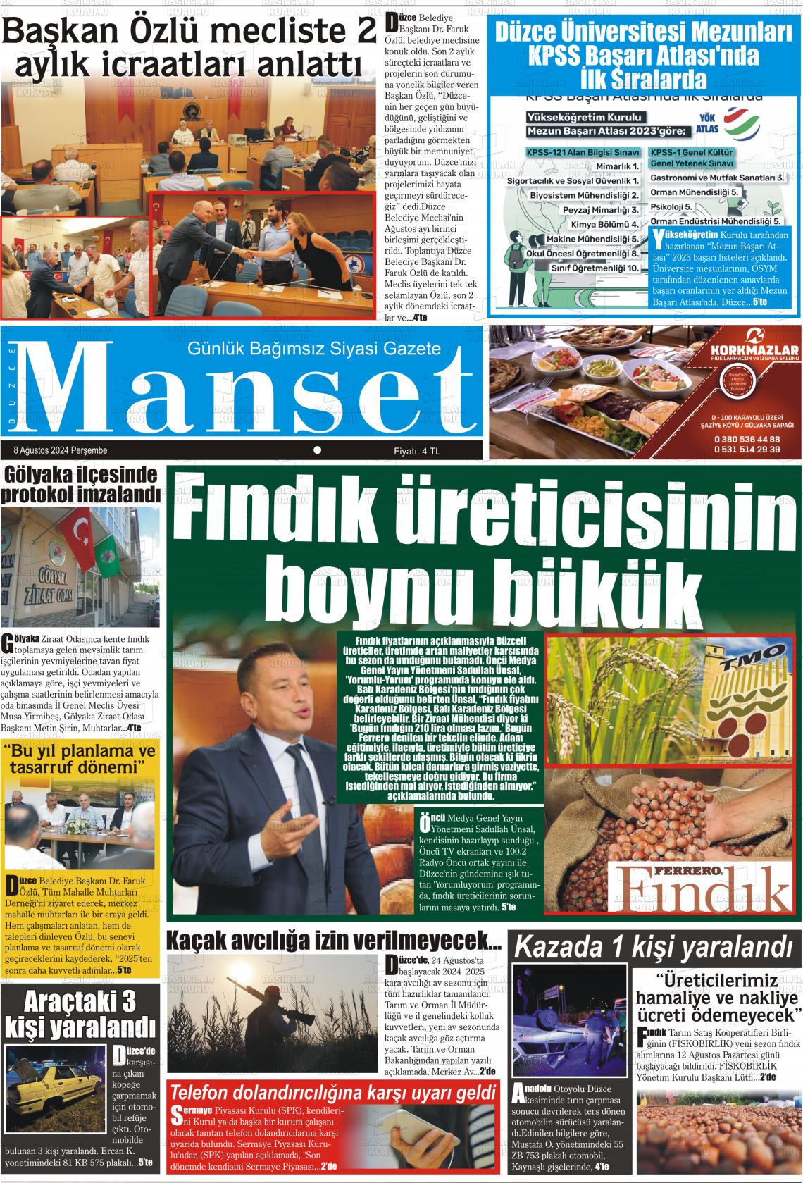 08 Ağustos 2024 Düzce Manşet Gazete Manşeti