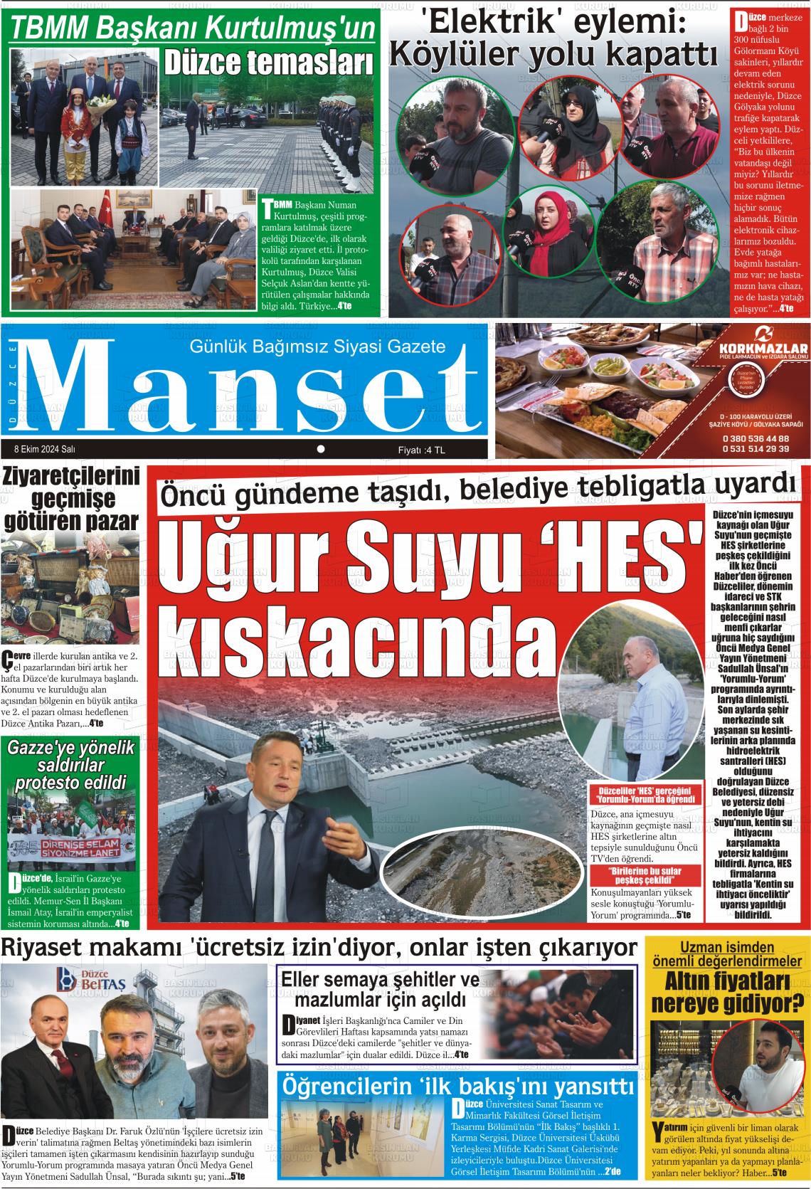 08 Ekim 2024 Düzce Manşet Gazete Manşeti