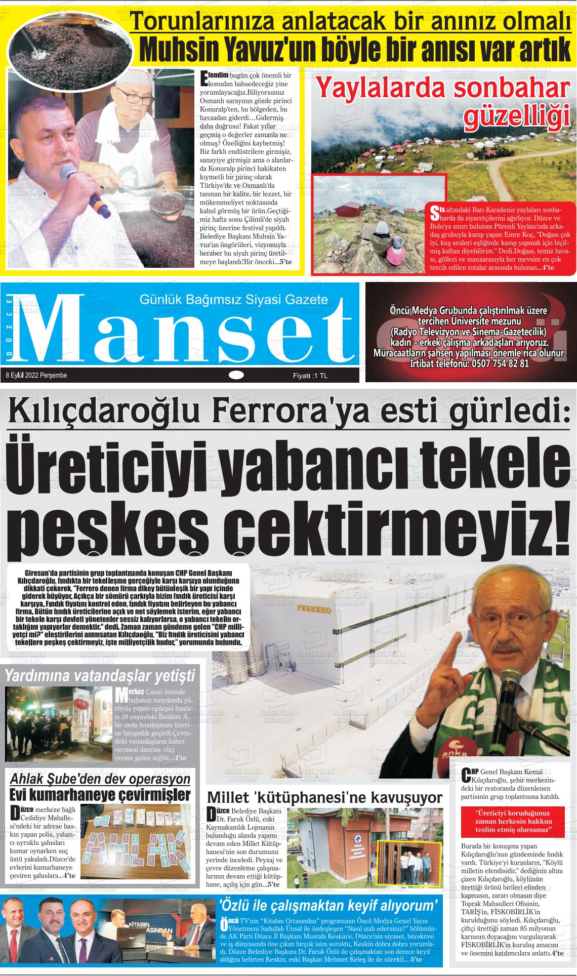 06 Kasım 2022 Düzce Manşet Gazete Manşeti