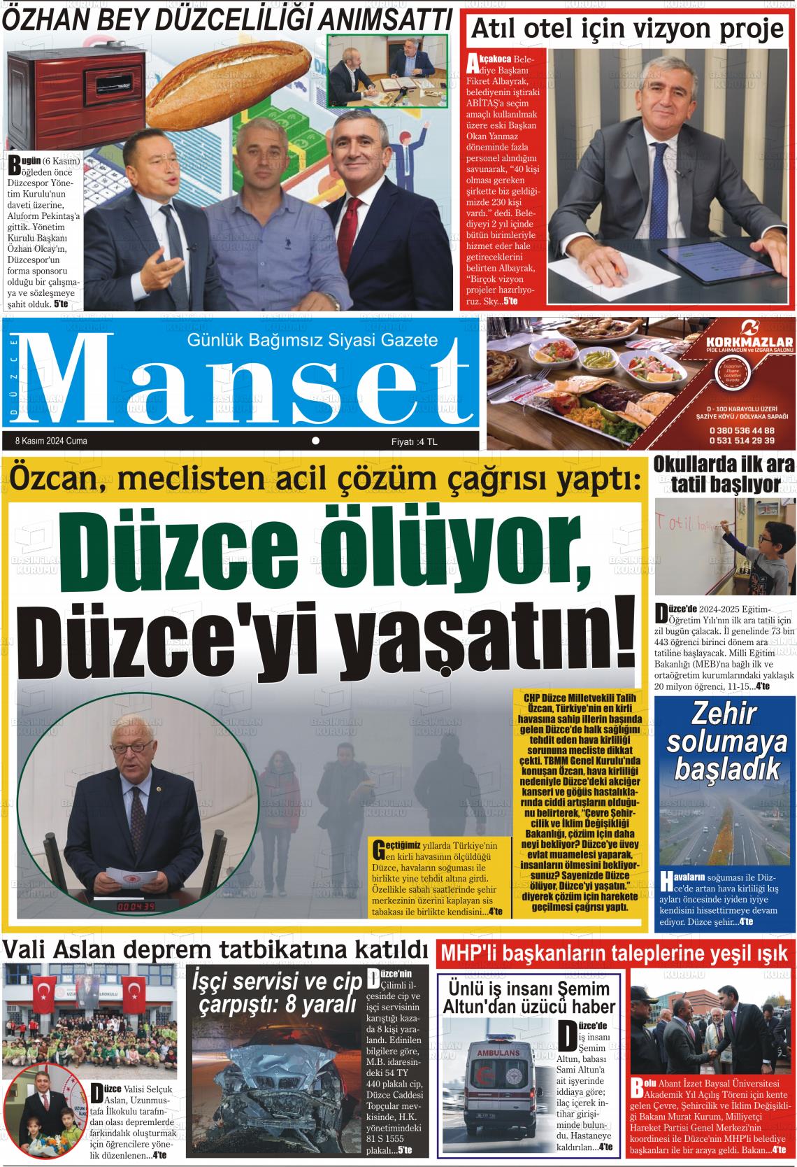 08 Kasım 2024 Düzce Manşet Gazete Manşeti