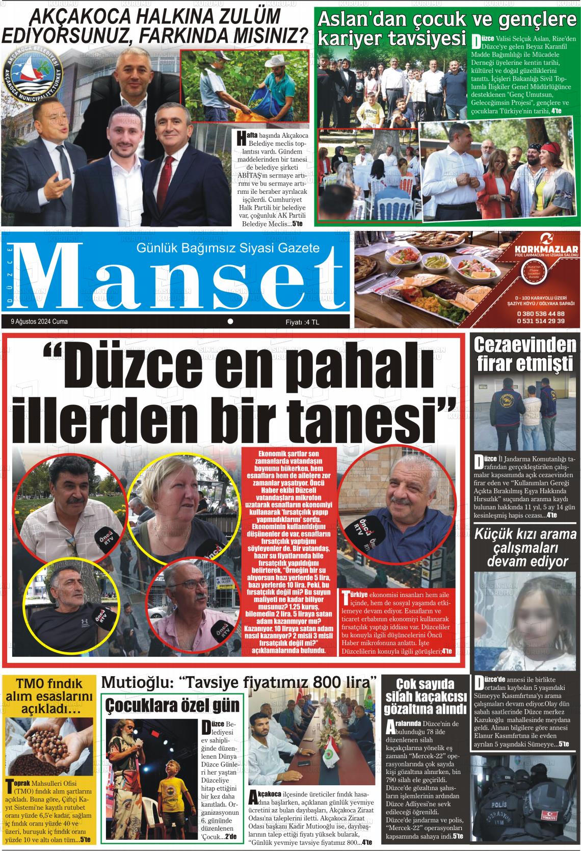 09 Ağustos 2024 Düzce Manşet Gazete Manşeti