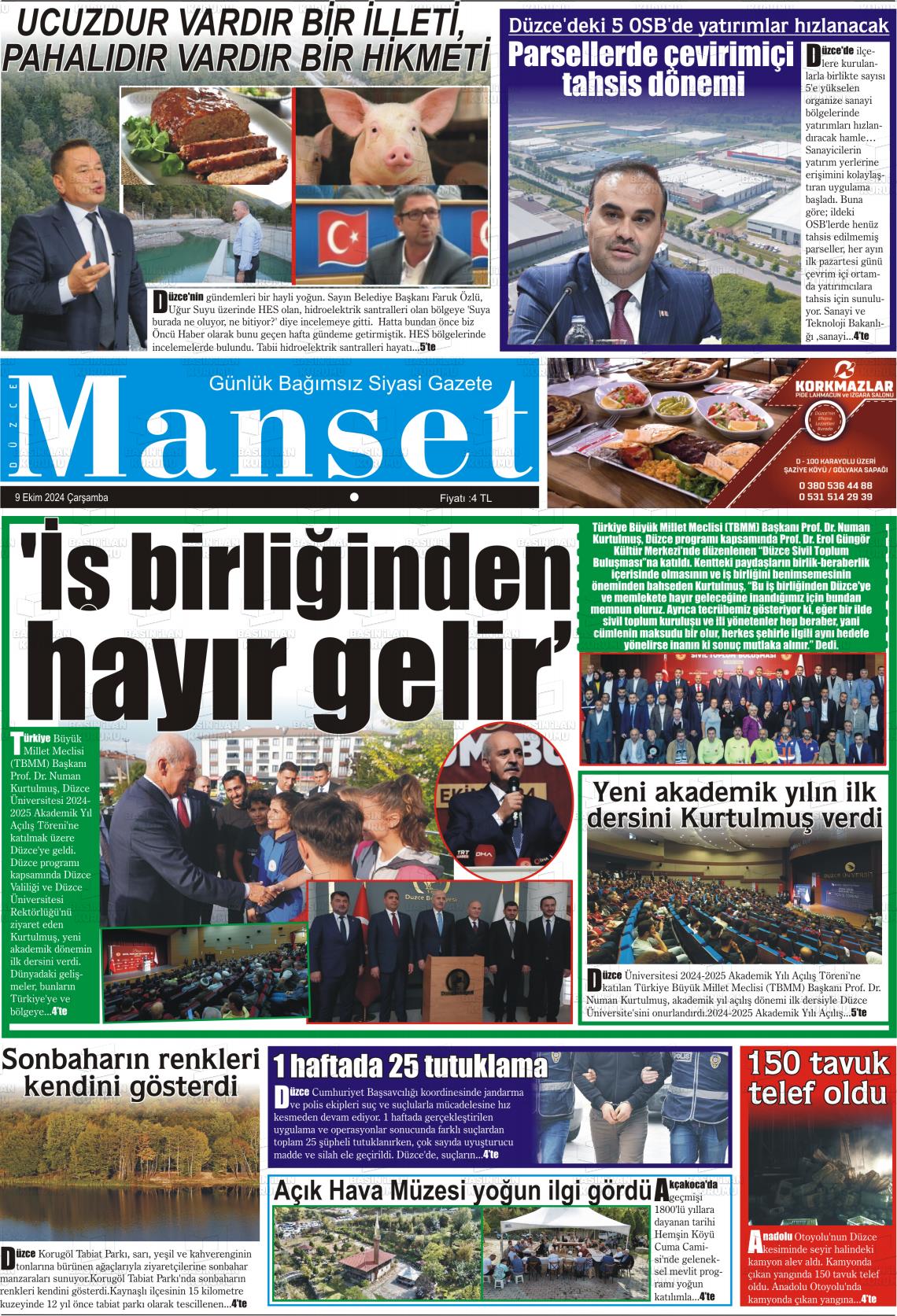 09 Ekim 2024 Düzce Manşet Gazete Manşeti