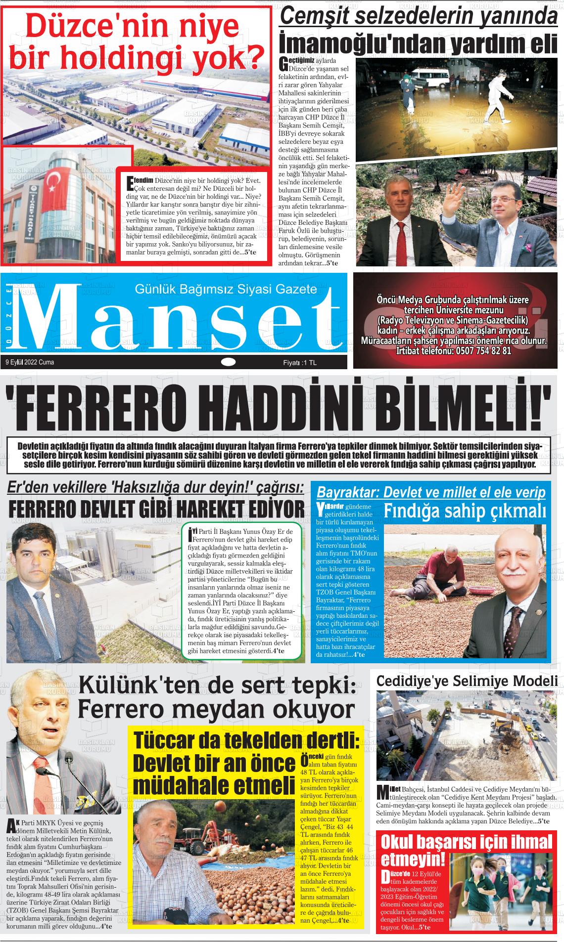 09 Eylül 2022 Düzce Manşet Gazete Manşeti