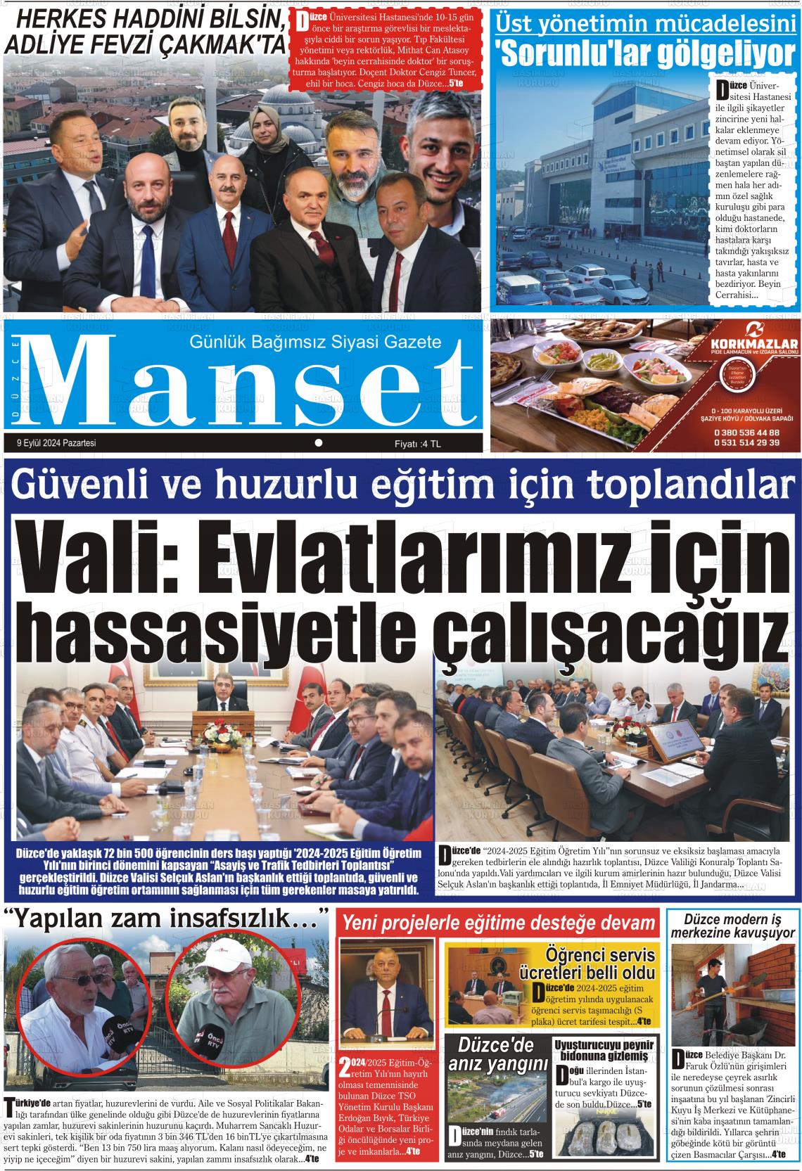 09 Eylül 2024 Düzce Manşet Gazete Manşeti