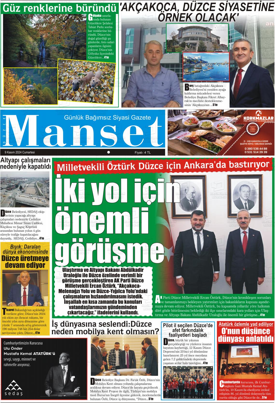 09 Kasım 2024 Düzce Manşet Gazete Manşeti