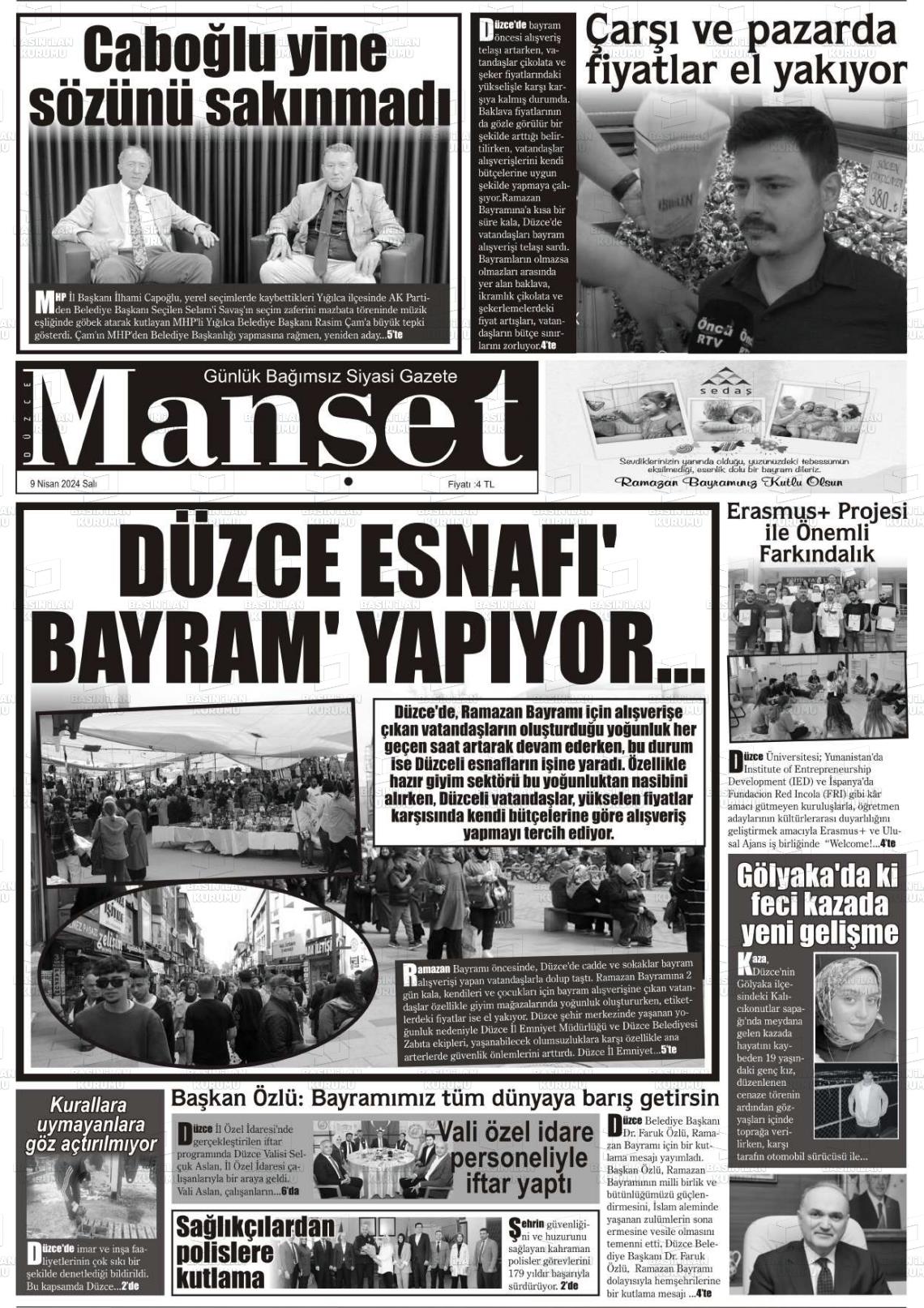 09 Nisan 2024 Düzce Manşet Gazete Manşeti